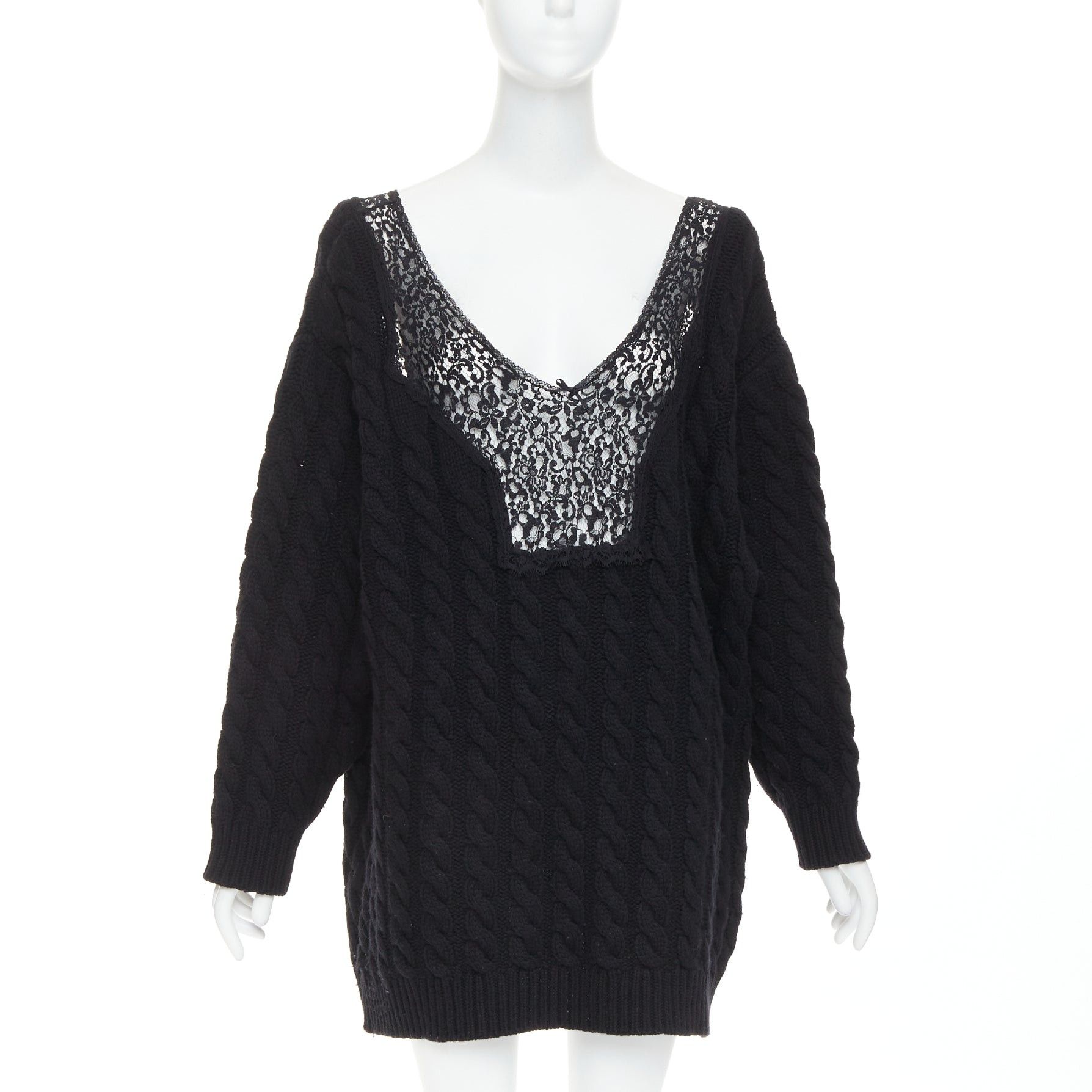 Balenciaga BALENCIAGA DEMNA 2017 black virgin wool cotton blend cable knit lace plunge oversized sweater FR36 S Size S / US 4 / IT 40 - 1 Thumbnail