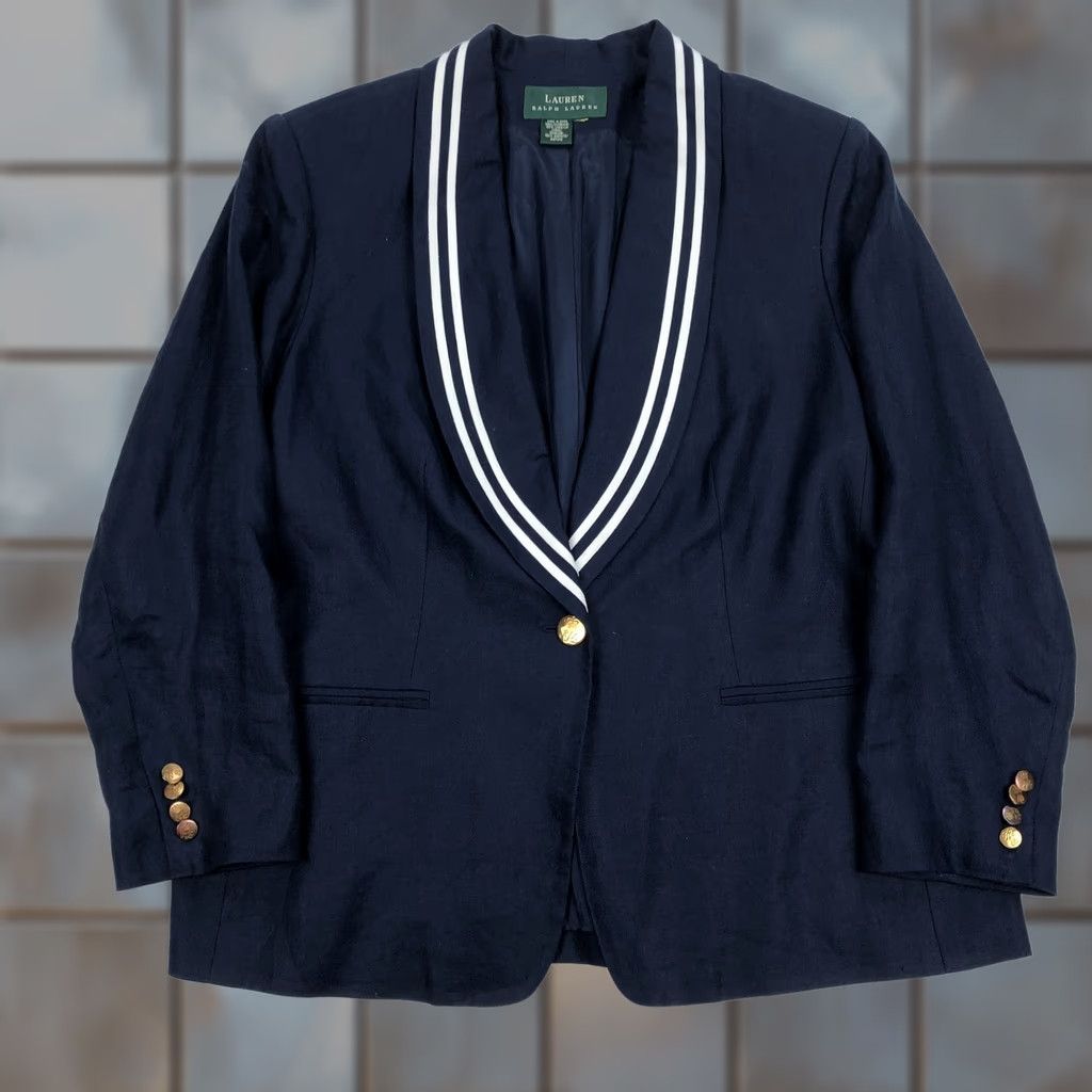 Ralph Lauren Ralph Lauren Women's Blazer Jacket Navy Blue Linen Gold Buttons Striped Lapel Size Large Size L / US 10 / IT 46 - 1 Thumbnail
