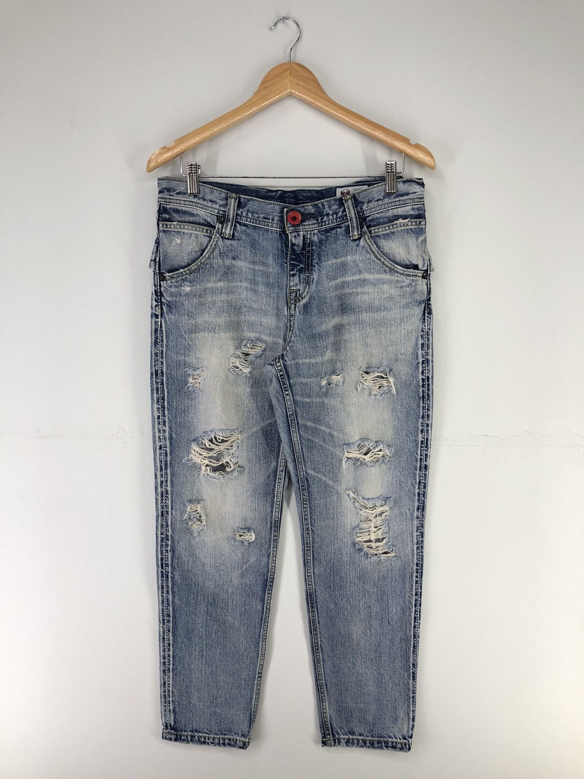 Japanese Brand Rodeo Crowns Back Ribbon Distressed Faded Blue Jeans Size 31" - 1 Thumbnail