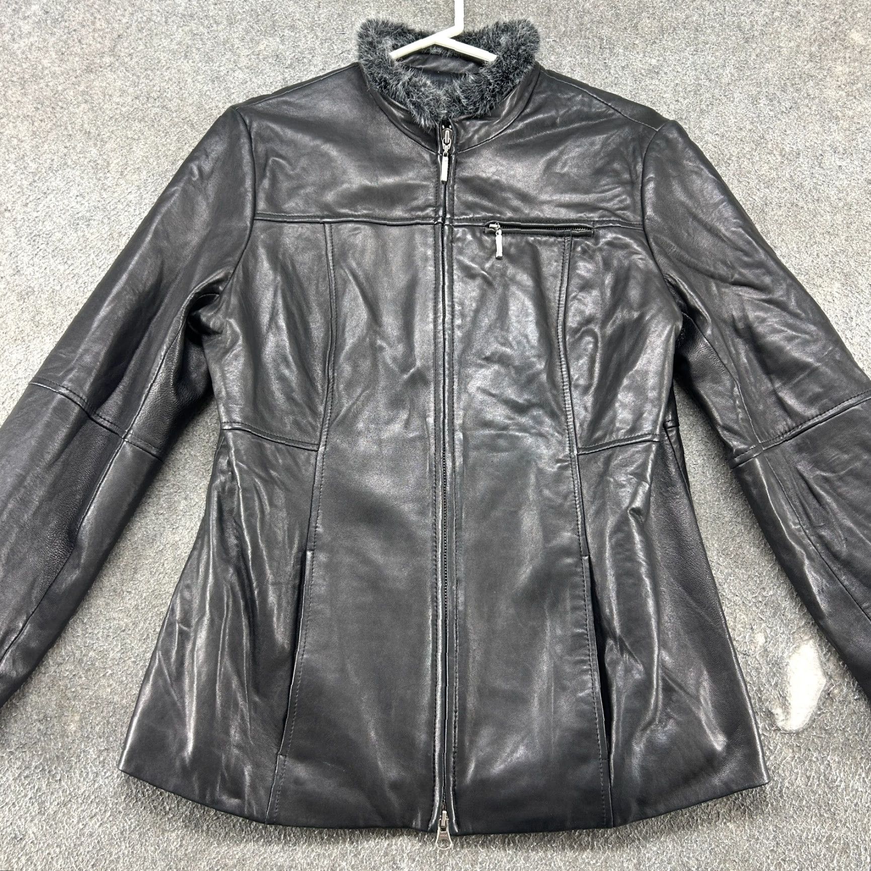 Vintage Classiques Entier Jacket Womens M Black Full Zip Fur Trim Collar Leather Mid-Length 90s Outdoor Pockets Mens Womens Size M / US 6-8 / IT 42-44 - 4 Thumbnail