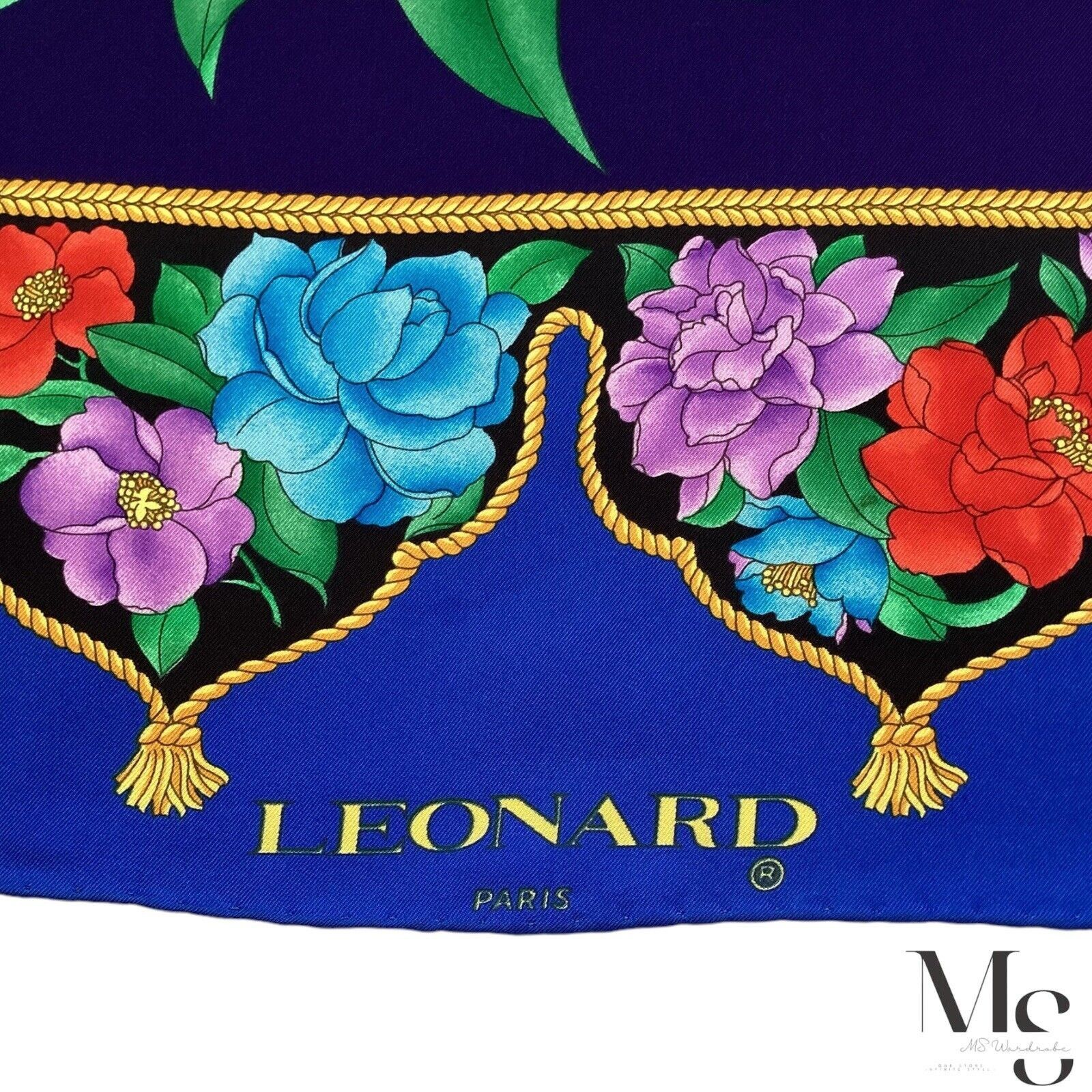 Leonard Paris LEONARD PARIS Blue Floral Scarf Silk Made In Italy 35"-34.5" Size ONE SIZE - 3 Thumbnail