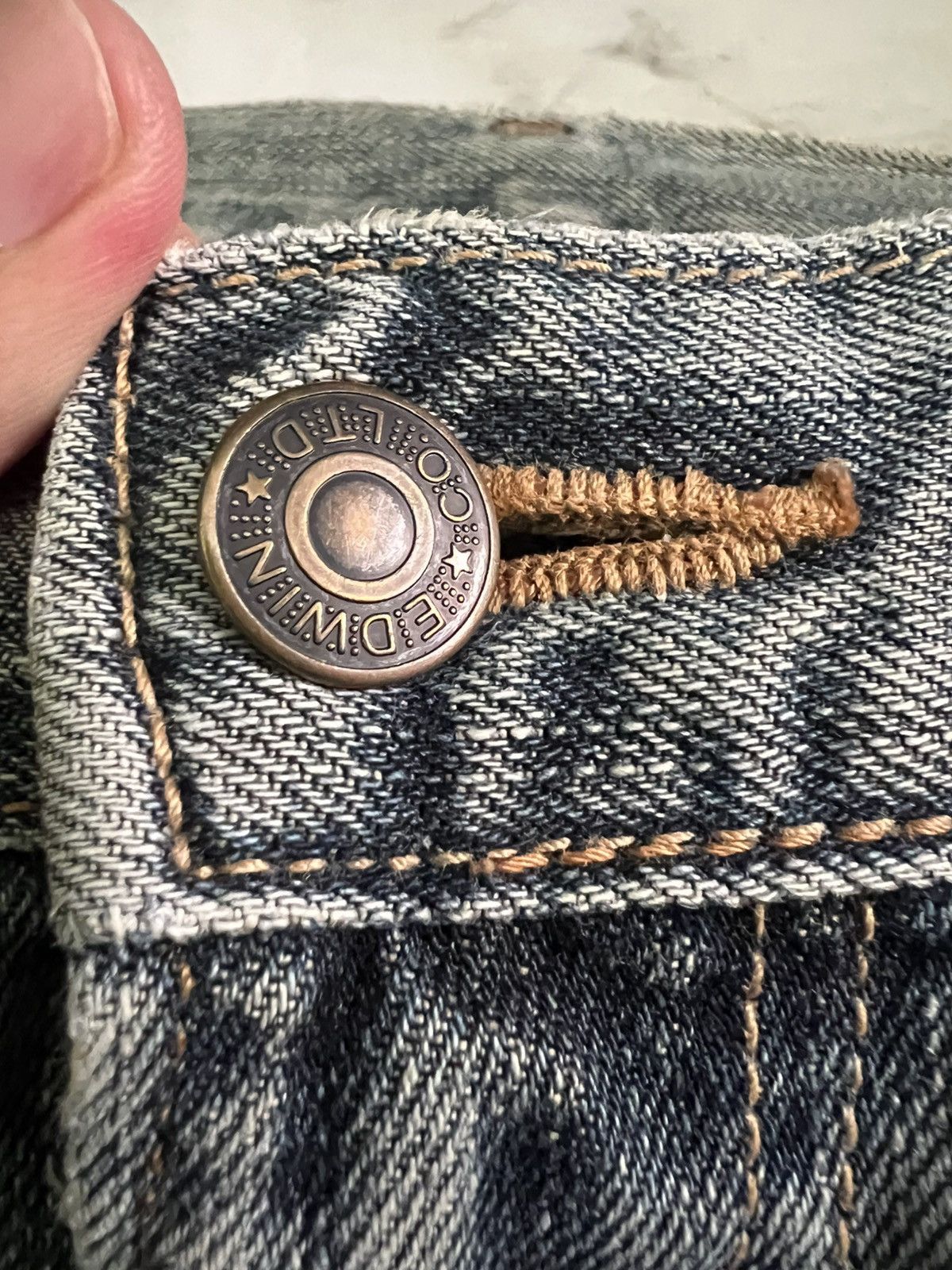Edwin × If Six Was Nine × Le Grande Bleu (L.G.B.) 💥Baggy💥Vintage Edwin Faded Blue Distress Mud Wash Jean Size US 34 / EU 50 - 13 Thumbnail