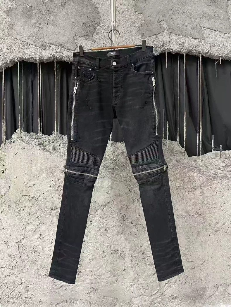 Amiri Amiri Black parked-leather zip-up biker jeans 2505-Nextarro Size US 31 - 1 Thumbnail