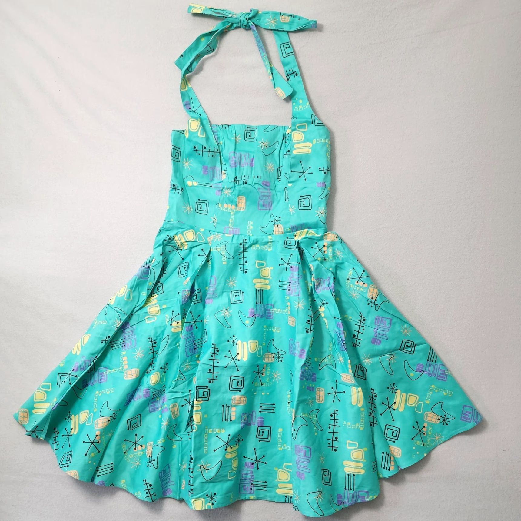 Atomic VINTAGE Pinup Couture Atomic Dress Fit Flare XL Teal 50s Retro Halter Rockabilly Vanity Dress Knee Length with Belt Womens XL Teal Size XL / US 12-14 / IT 48-50 - 2 Thumbnail