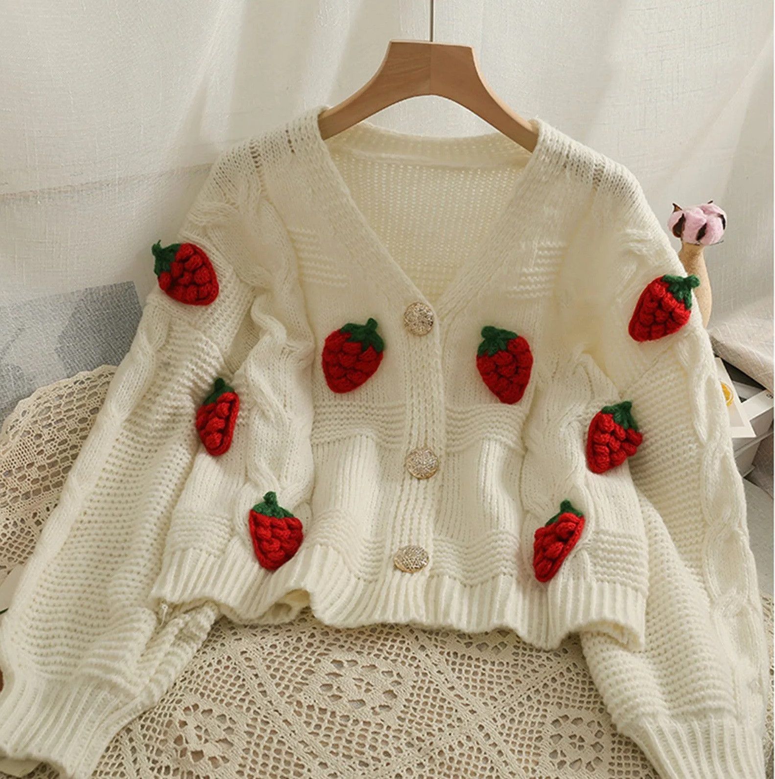 Handmade × Vintage Strawberry Sweater Cardigan Knitted Cute knit Coat Size ONE SIZE - 1 Thumbnail