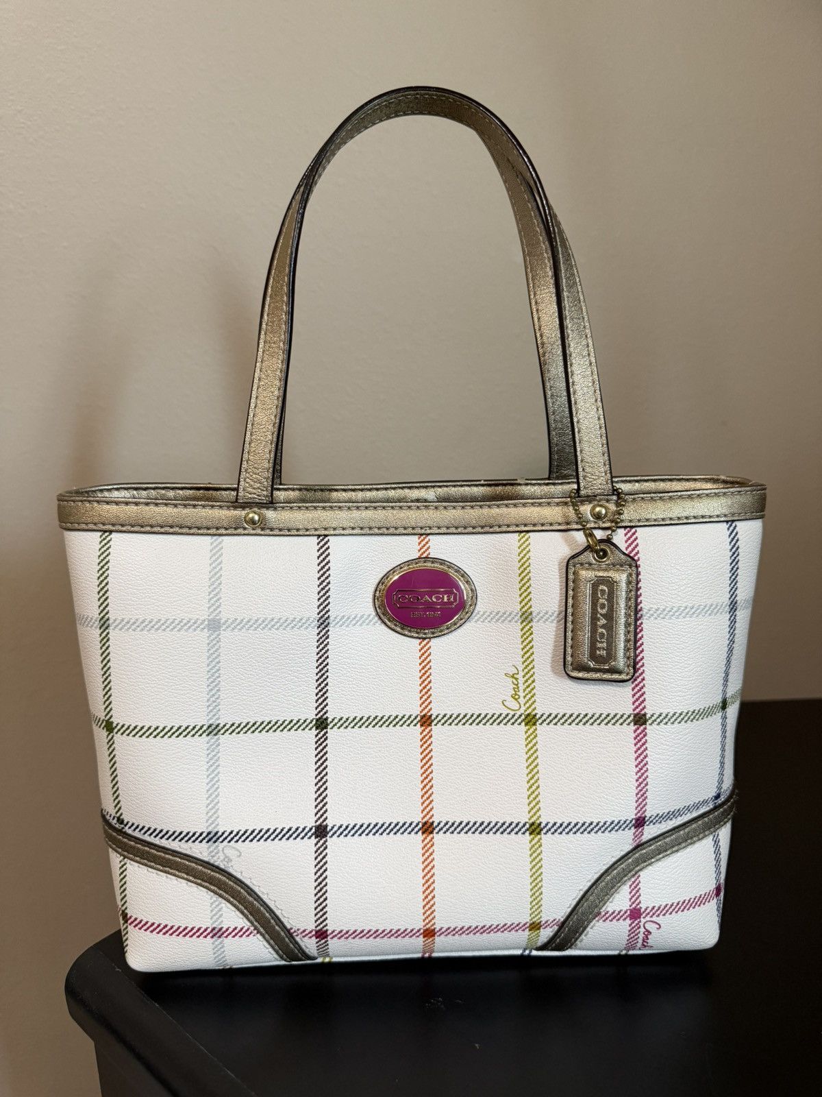 Coach Coach Plaid Leather Tote Bag - White/Multi Size ONE SIZE - 1 Thumbnail