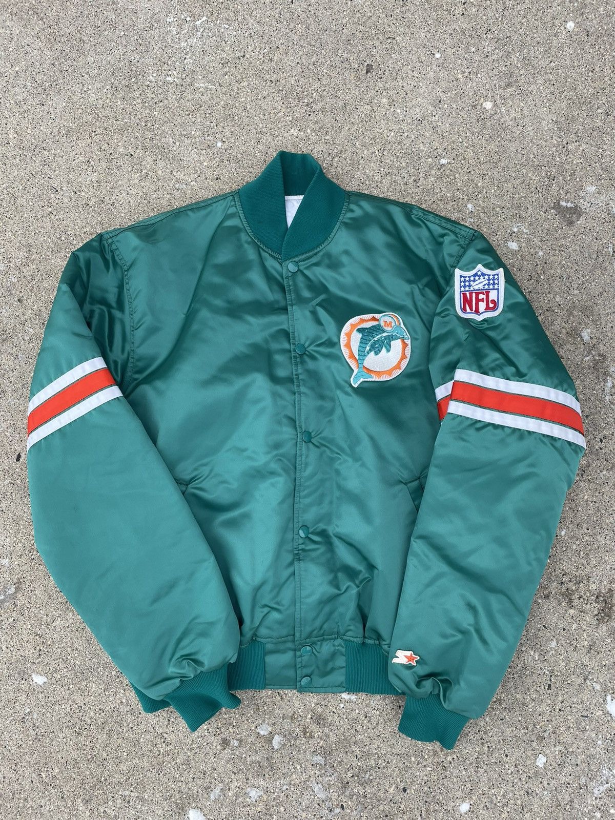 image of Nfl x Starter Vintage Miami Dolphins Teal Satin Bomber Jacket, Men's (Size XL)