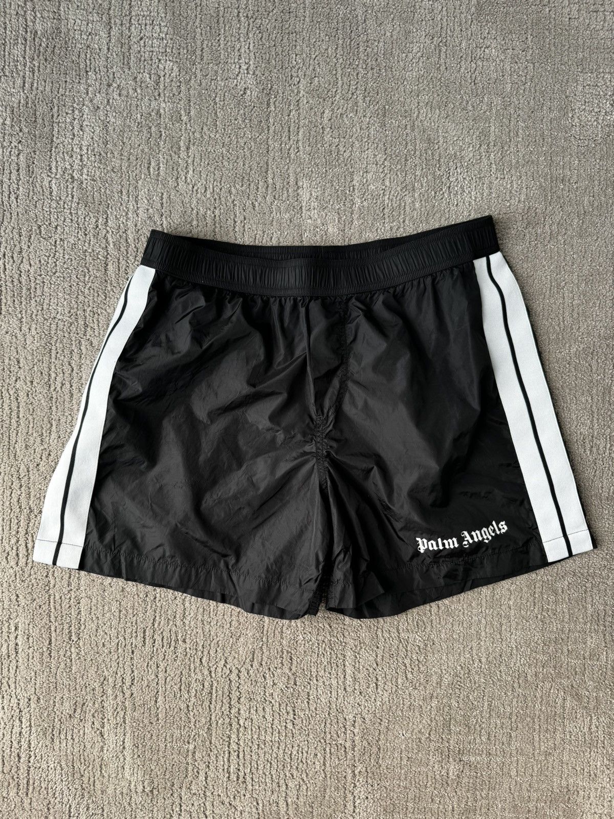 image of Palm Angels Nylon Bathing Suit With Track Stripes - Size L in Black, Men's
