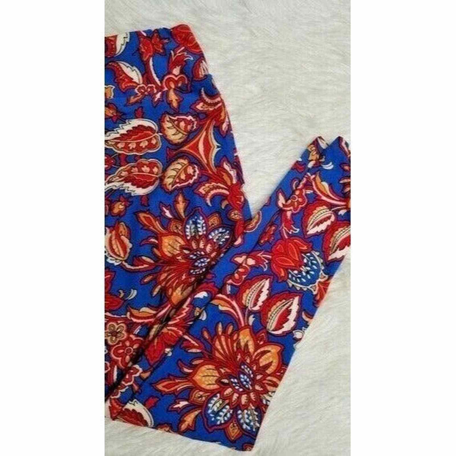 Other Lularoe Leggings Blue Floral Leaves OS One Size LR Size 30" / US 8 / IT 44 - 2 Thumbnail