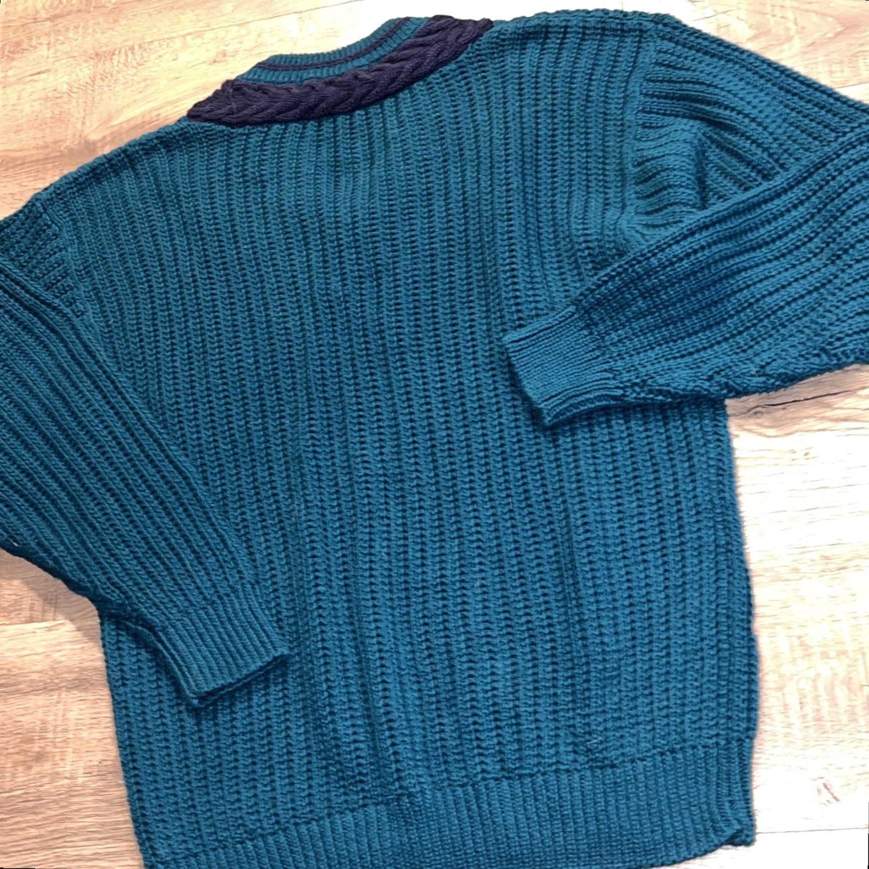Vintage INSITE Sweater Turquoise Blue Cable Knit Navy Blue Stripe V Neck Preppy Men’s Lg Size US L / EU 52-54 / 3 - 3 Thumbnail