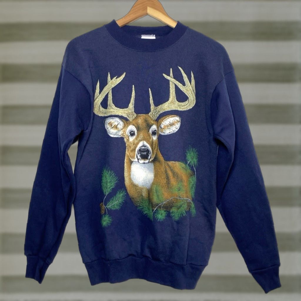Tultex VINTAGE Tultex Whitetail Deer Graphic Print Sweatshirt Pullover Crewneck Navy L Unisex Adults 90s USA Size US L / EU 52-54 / 3 - 1 Thumbnail