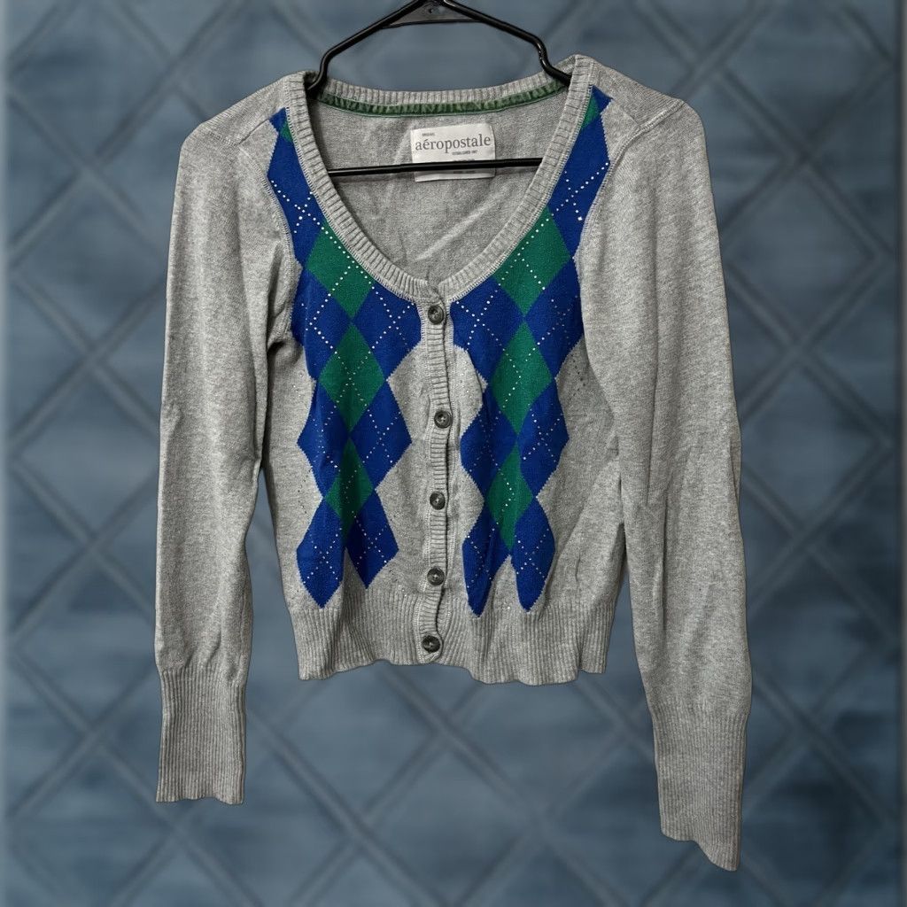 Vintage Aéropostale Women's Gray Argyle Cardigan Sweater Size S 3/4 Sleeve Casual Pockets Size S / US 4 / IT 40 - 1 Thumbnail