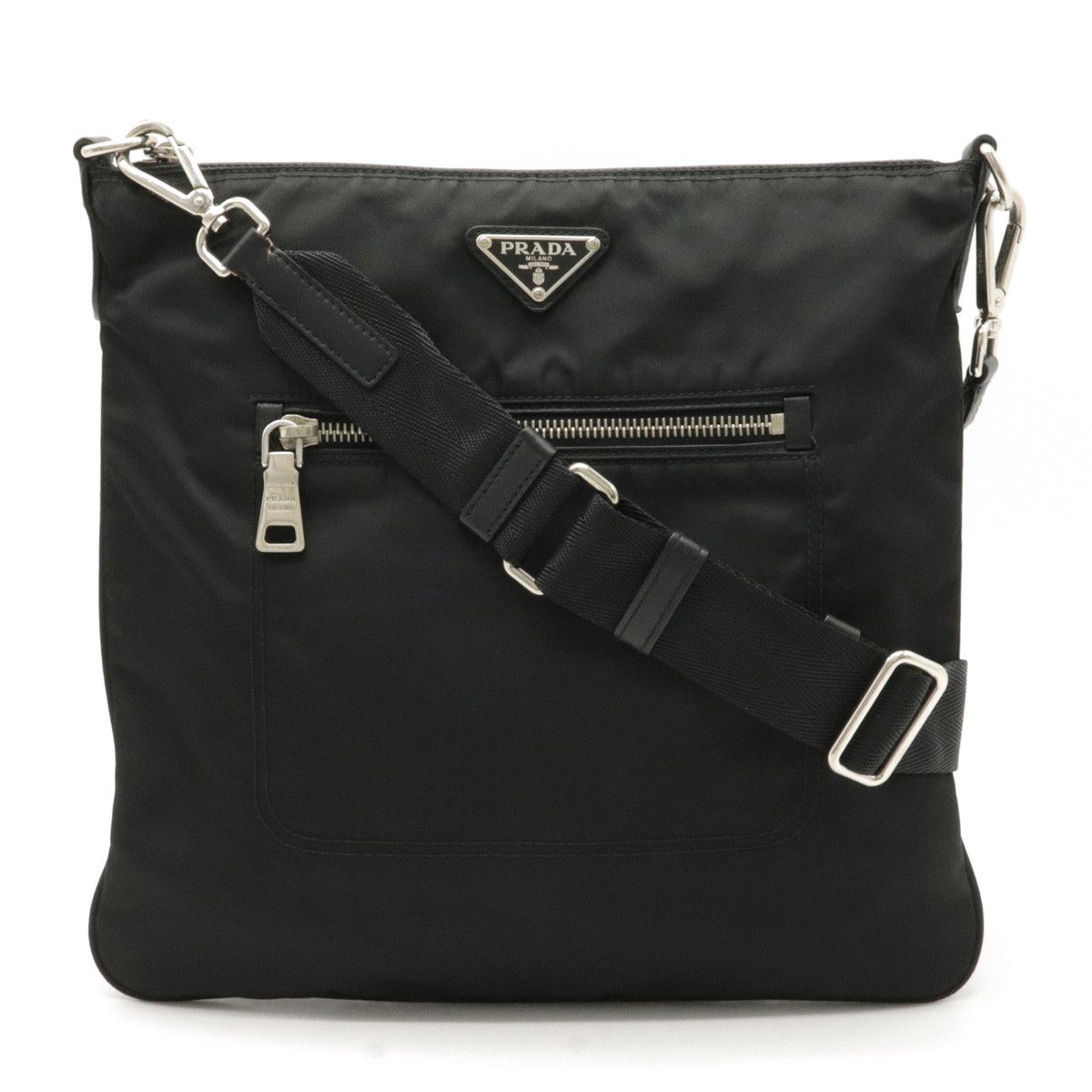 Prada Shoulder Bag Nylon Leather Nero Black Silver Metal Fittings