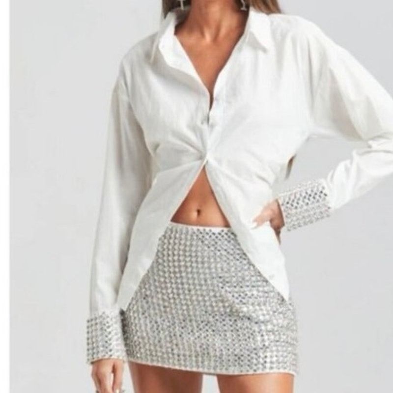 Retrofete Retrofete Katie Rhinestone Cuff Button Down Top White Silver Size M / US 6-8 / IT 42-44 - 6 Thumbnail