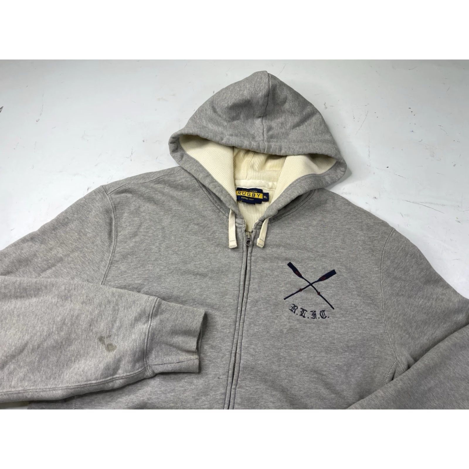 Ralph Lauren VINTAGE Ralph Lauren Rugby Hooded Sweatshirt Heavyweights Mens XL Oarsman Gray Cotton Embroidered Pockets Gothic Pullover Long Sleeve Size US XL / EU 56 / 4 - 2 Thumbnail