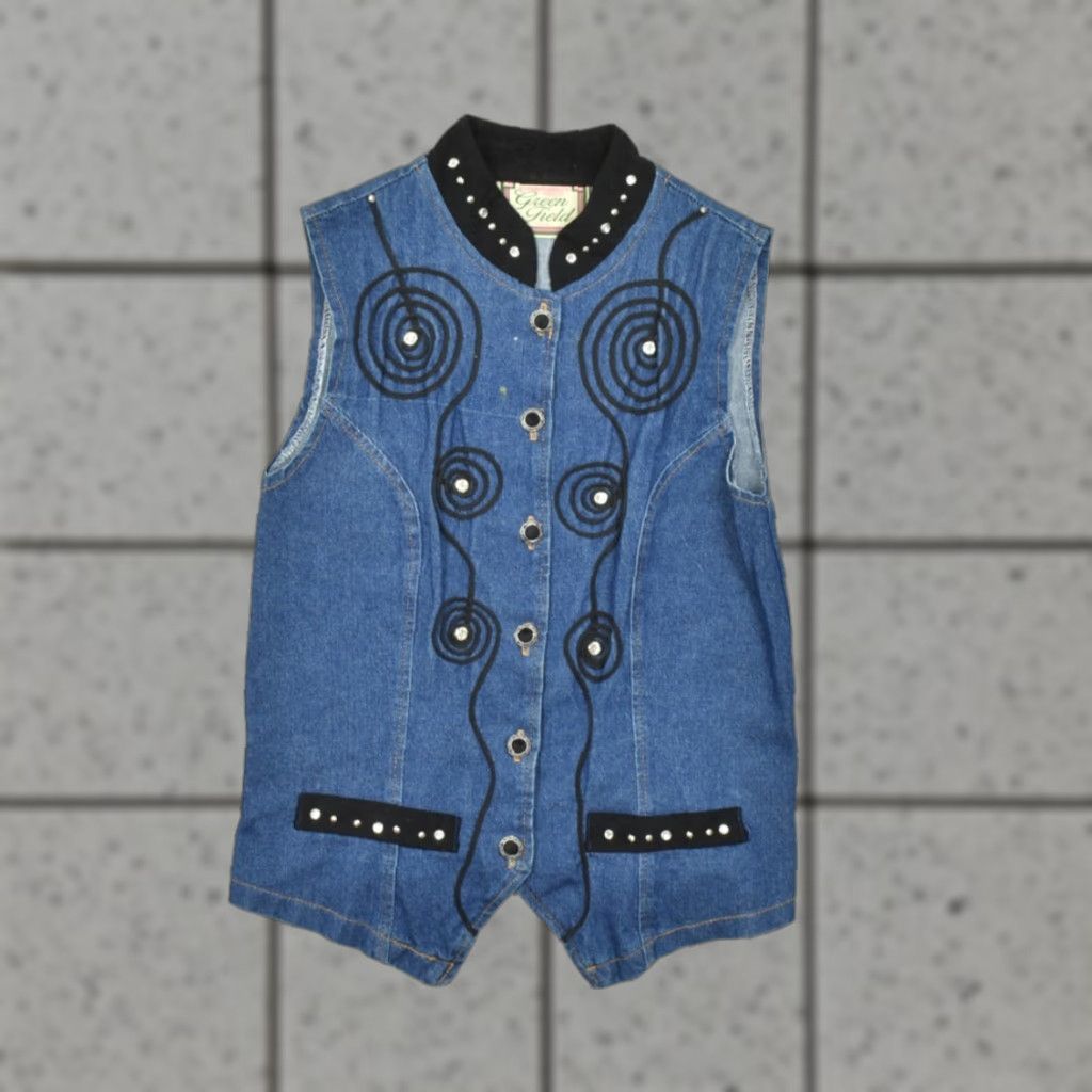 Denime Green Field USA Women Vest Denim Rhinestone Spiral Cord Blue Medium M Size M / US 6-8 / IT 42-44 - 1 Thumbnail