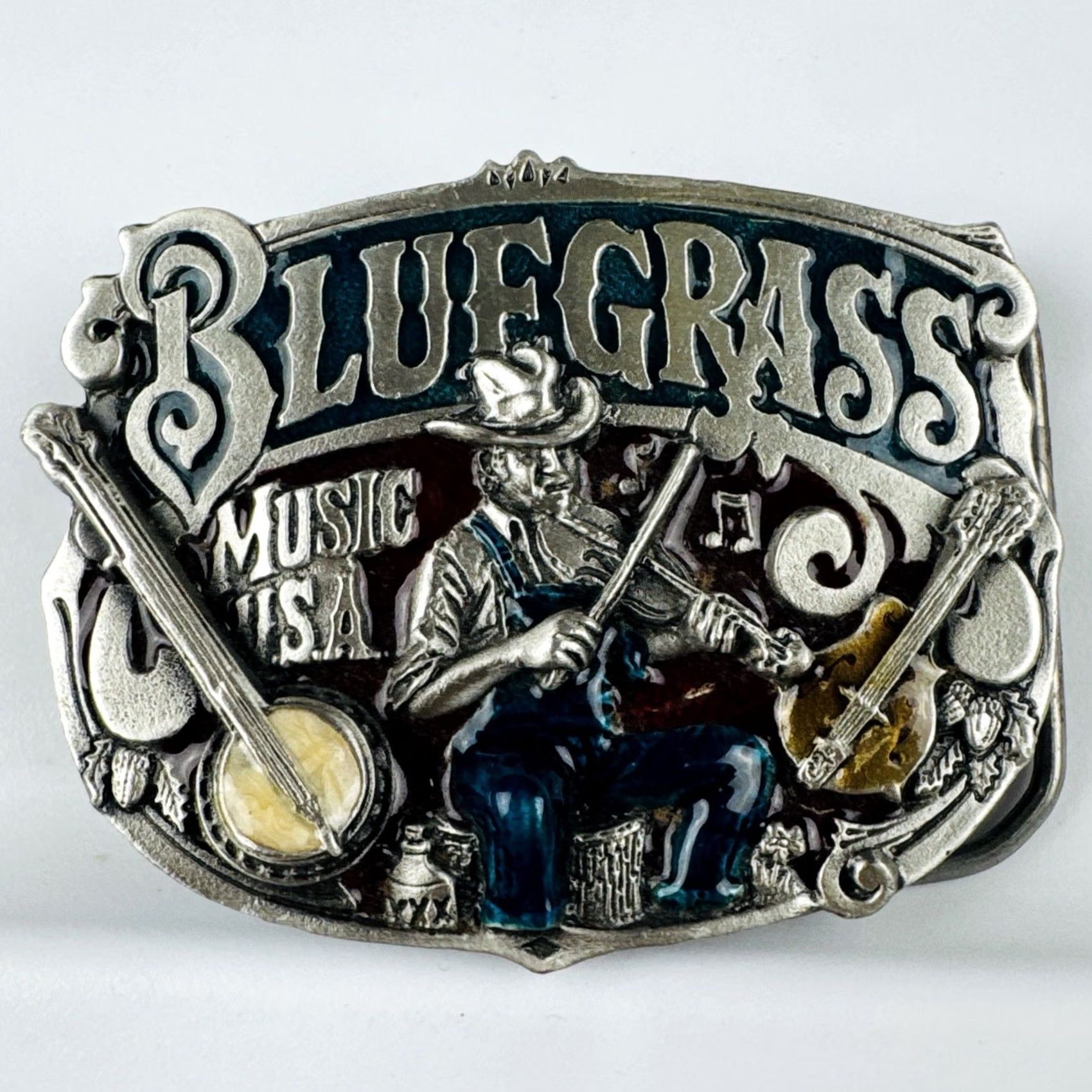 Vintage VINTAGE 1982 Bluegrass Music USA Belt Buckle Banjo Fiddle Pewter Enamel Size ONE SIZE - 2 Thumbnail