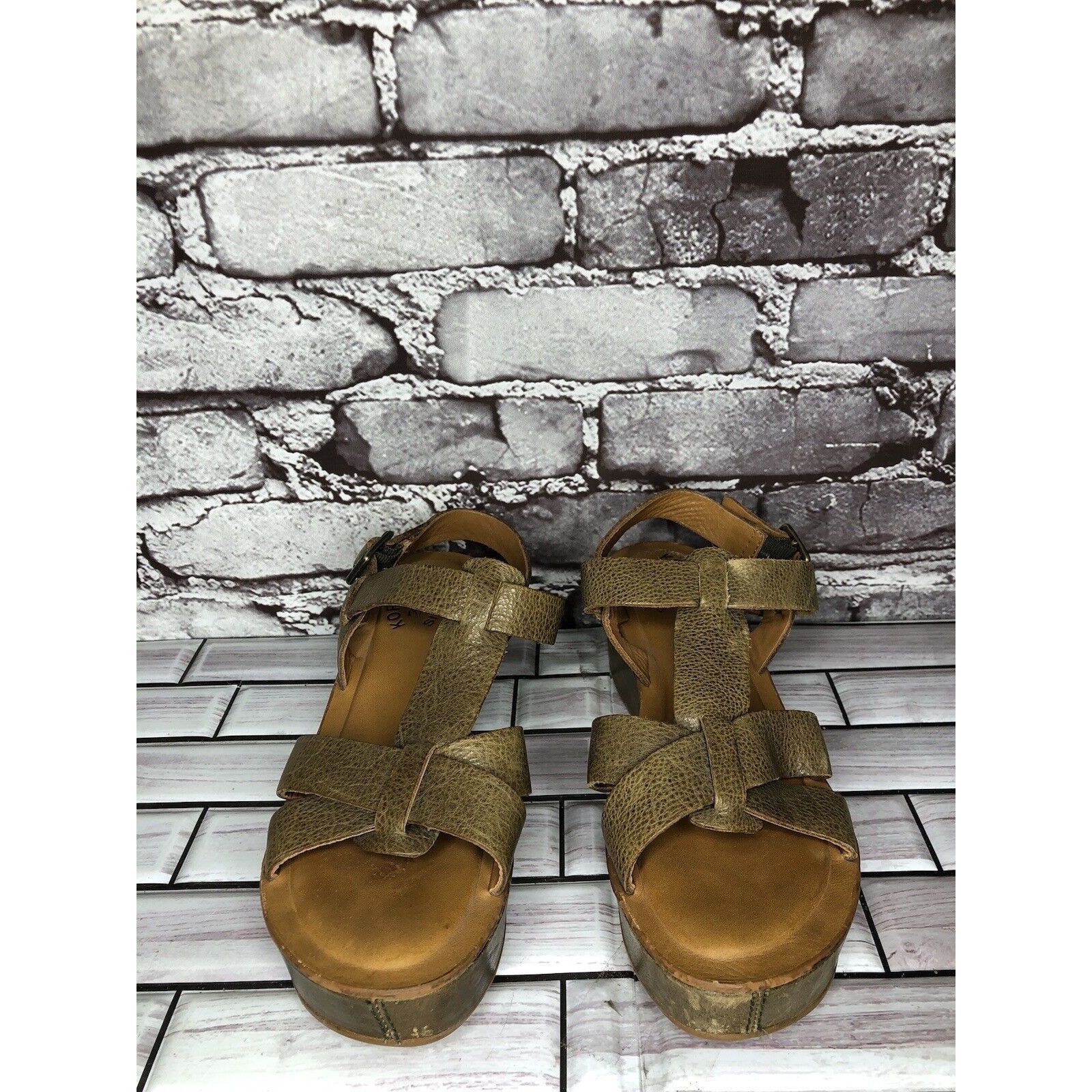 Other Kork-Ease Olive Green Leather Platform Wedge Ankle Strap San Size US 6 / IT 36 - 13 Thumbnail