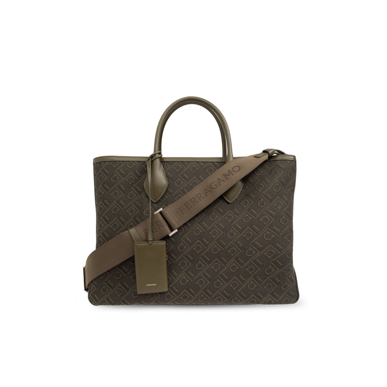 FERRAGAMO Tote Green Canvas Shopper Shoulder Bag New & Authe