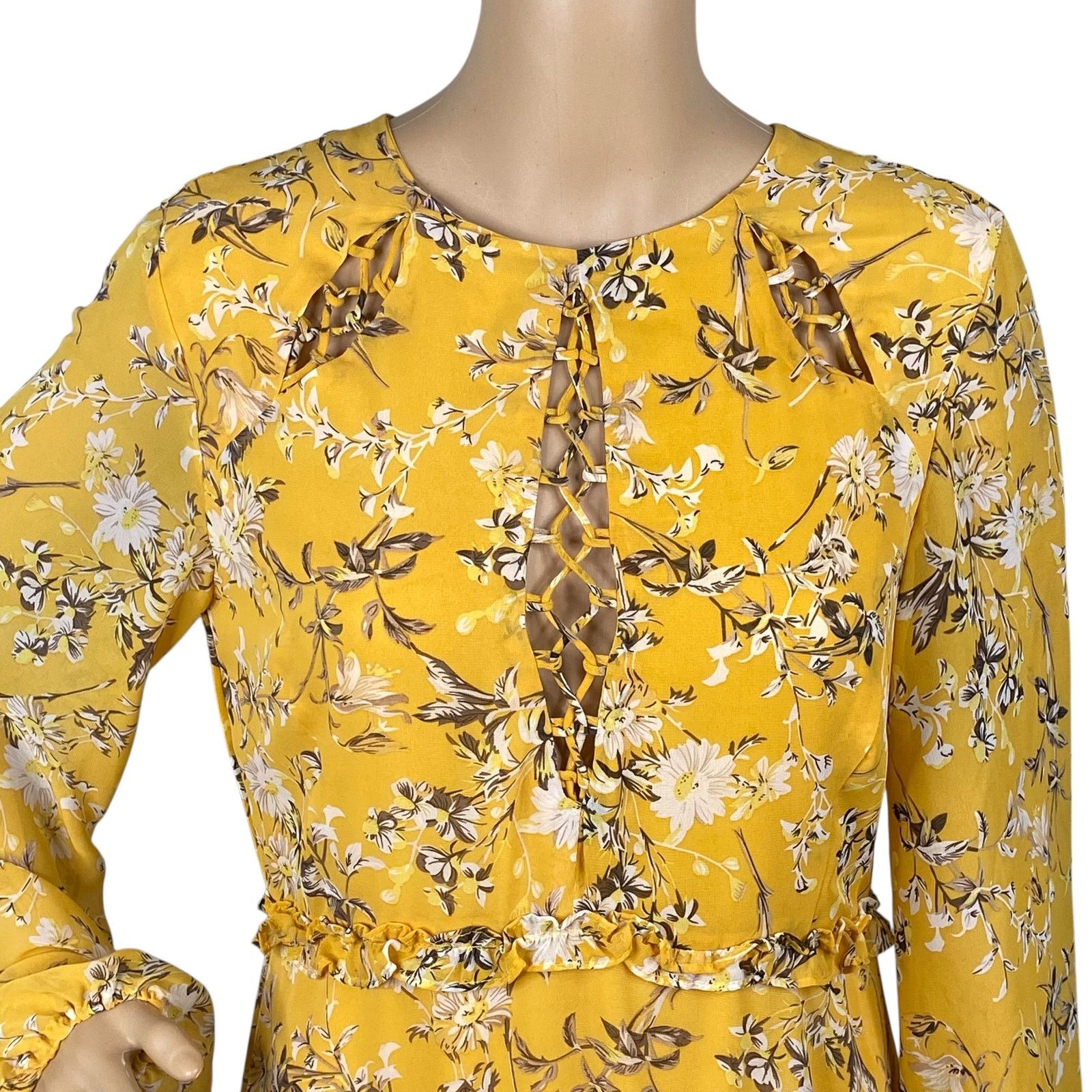 Anthropologie Bardot Yellow Floral Lace Up Ruffle Romantic Mini Dress SZ 8 Size M / US 6-8 / IT 42-44 - 6 Thumbnail