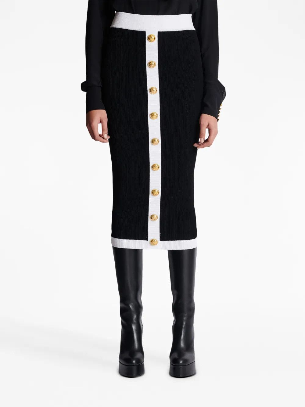 Balmain o1s1wg110825 Buttoned Knit Midi Skirt in Black/White Size 26" / US 2 / IT 38 - 2 Thumbnail