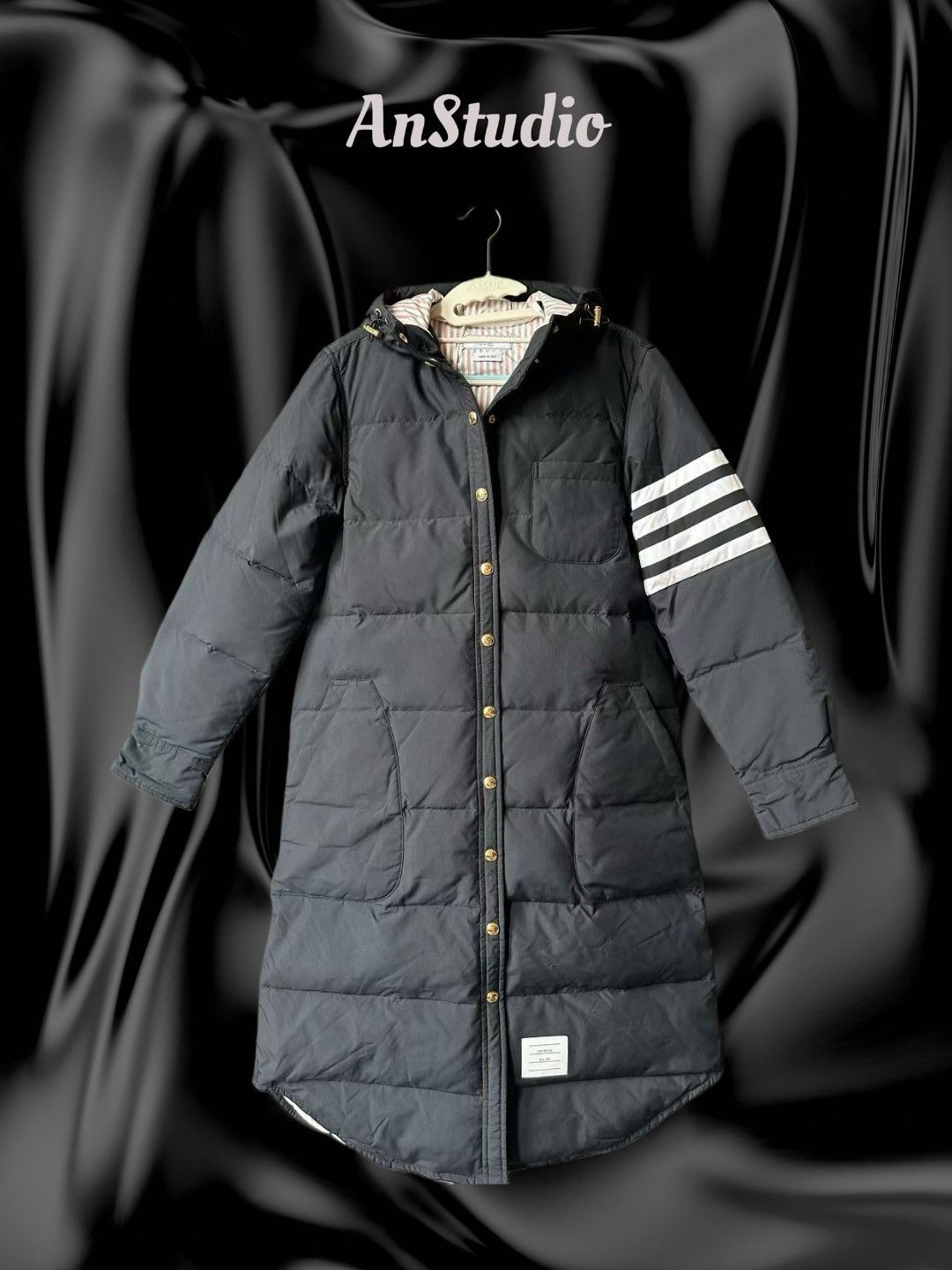Thom Browne Navy Hooded 4-bar Puffer Coat
