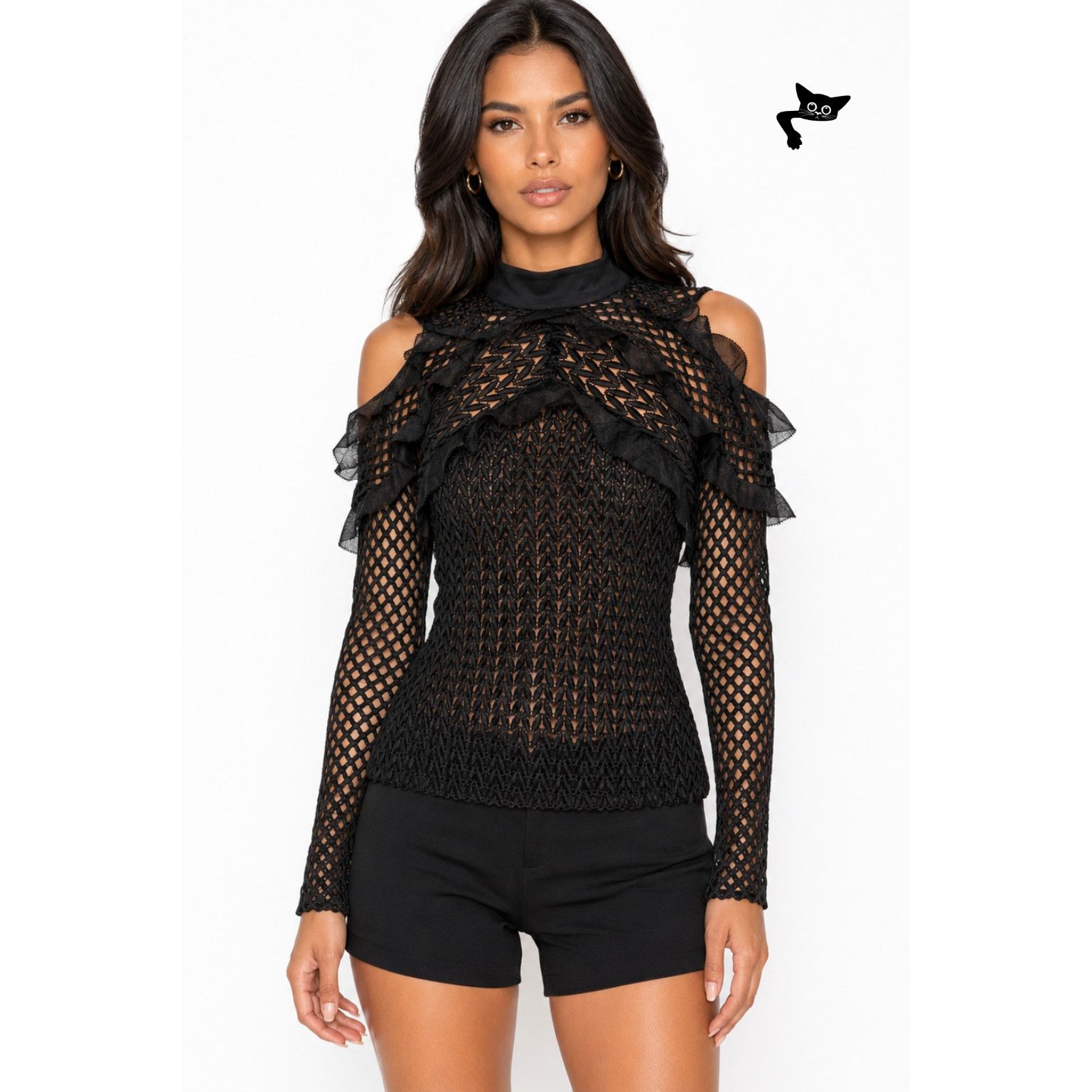 Self-Portrait Self-Portrait Black Purl Knit Cold Shoulder Top US 4 Size S / US 4 / IT 40 - 3 Thumbnail