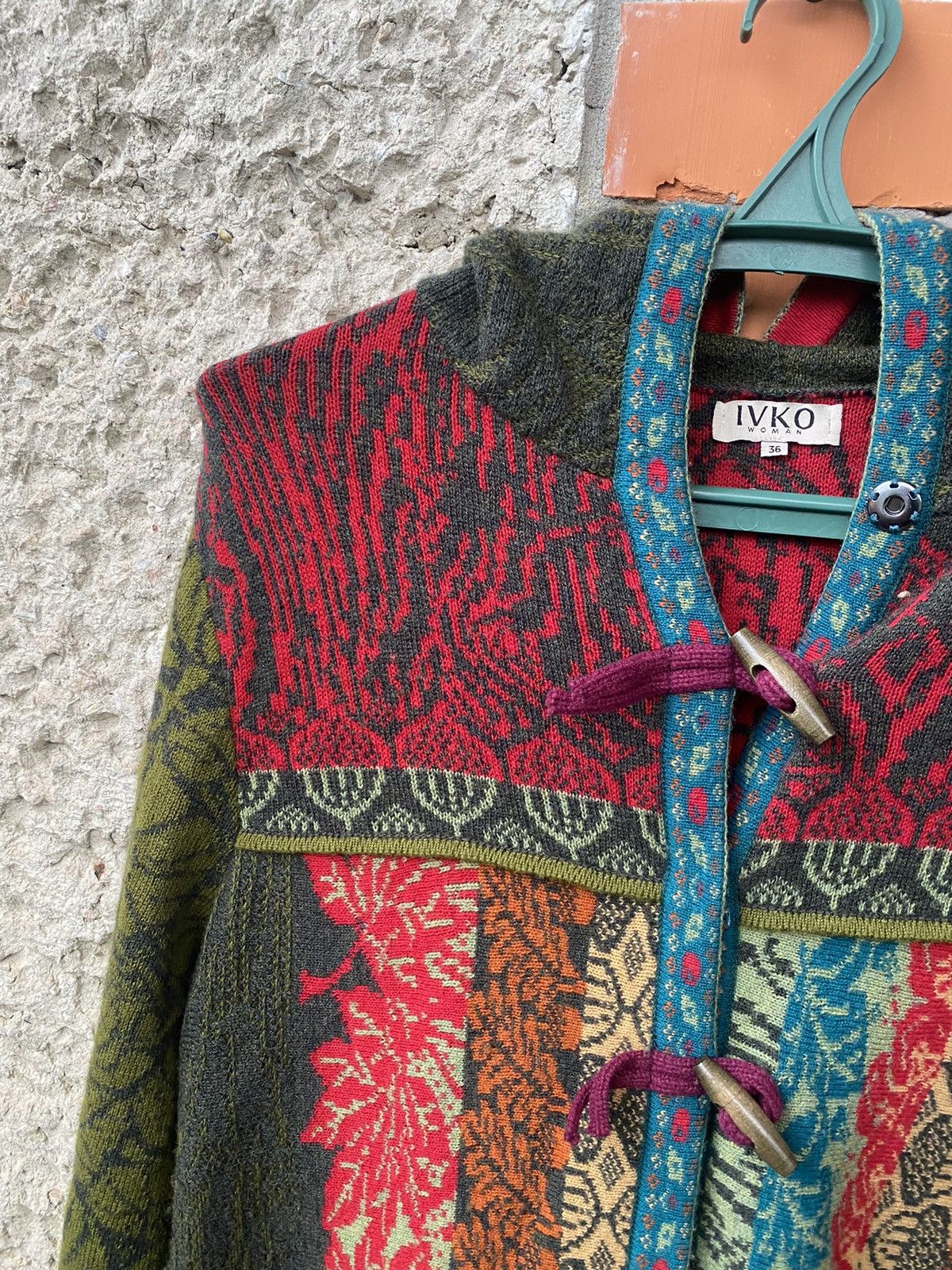 Vintage IVKO Long Jasquard Jacket Renaissance Pattern Wool Knit Coat Size S / US 4 / IT 40 - 2 Thumbnail