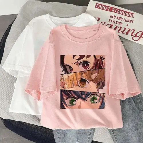 image of American Retro x Vintage Demon Slayer Graphic Tees Harajuku Oversized T Shirt in White, Women's (Si