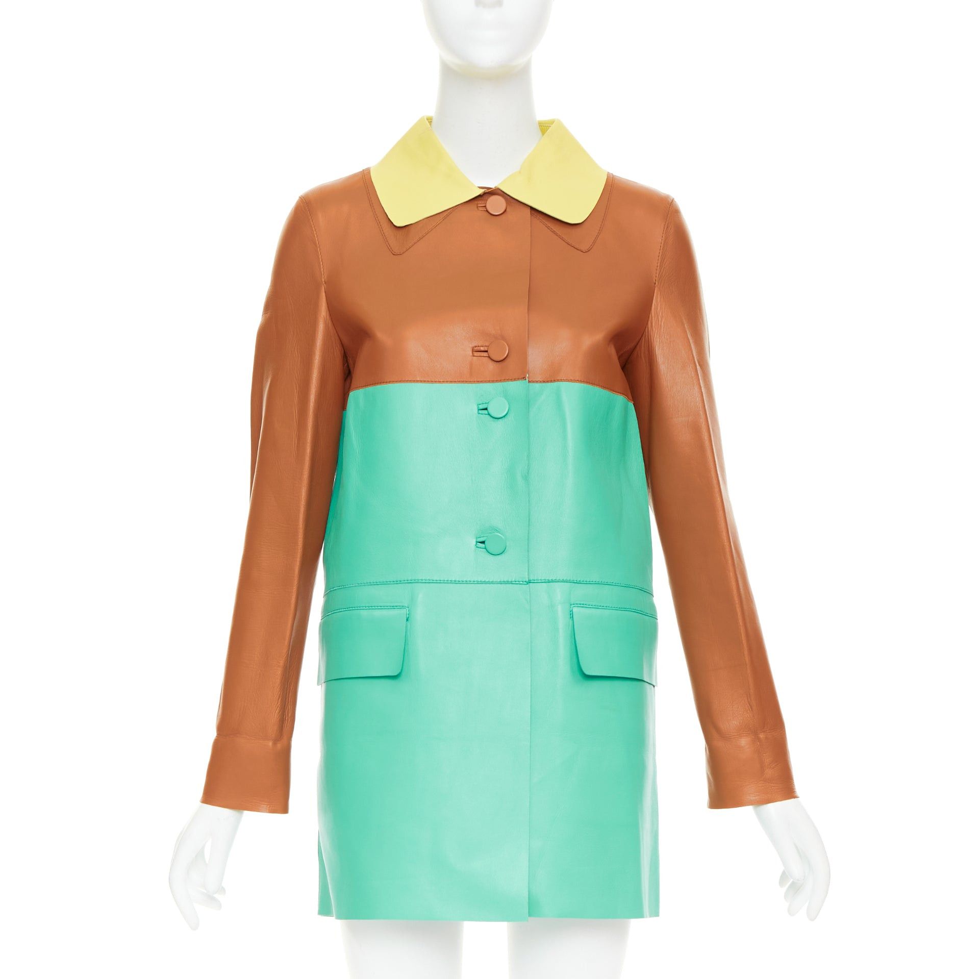 Marni MARNI SS2015 yellow tan turquoise colorblocked lambskin leather coat IT38 XS Size XS / US 0-2 / IT 36-38 - 1 Thumbnail
