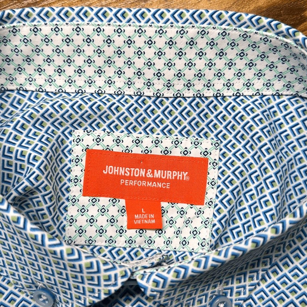 Johnston & Murphy Johnston & Murphy Performance Shirt Button-Up L Blue Geometric Long Sleeve Button-Down Flip Cuff Mens Size US L / EU 52-54 / 3 - 6 Thumbnail