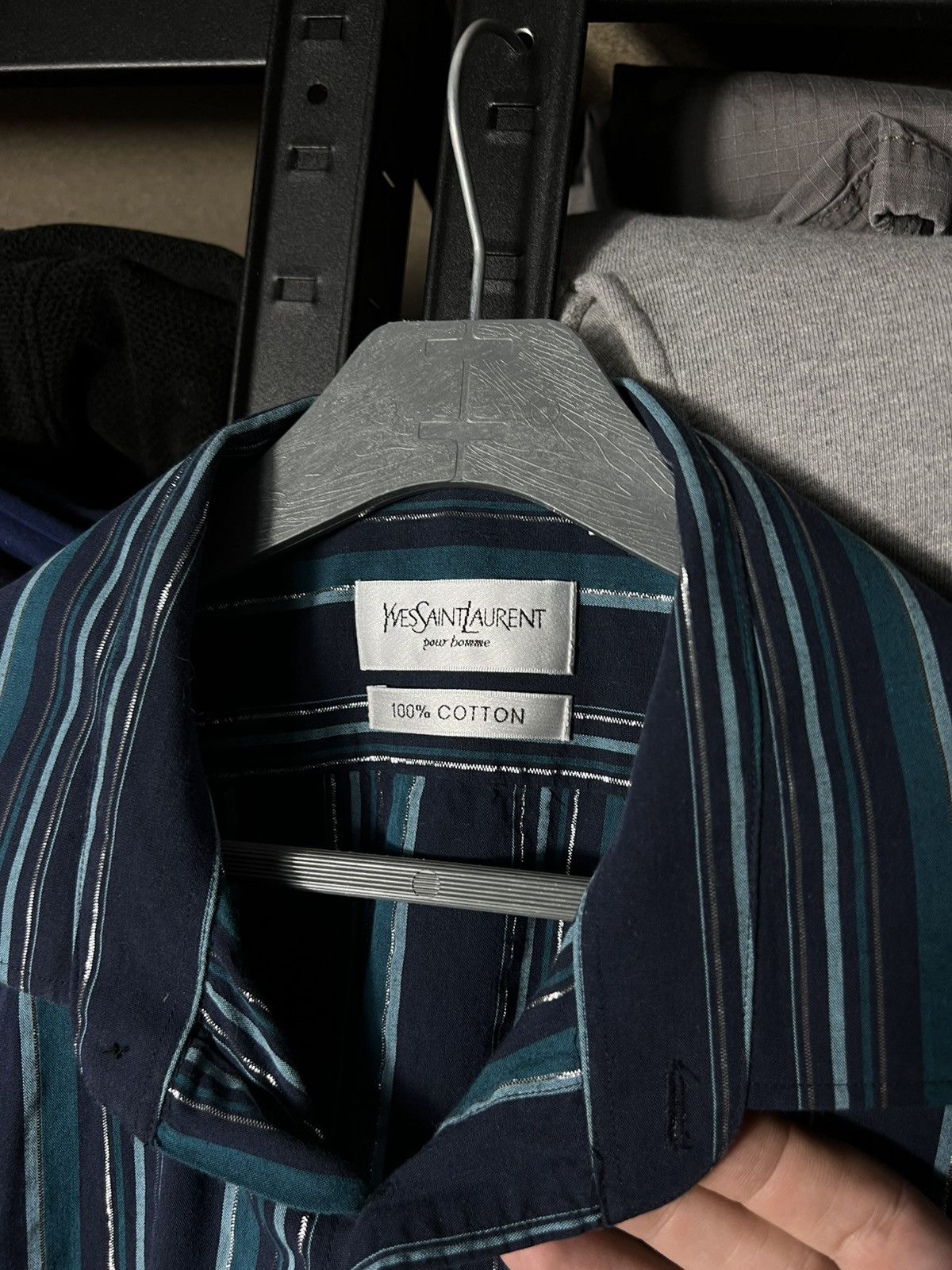 Yves Saint Laurent Yves Saint Laurent YSL Striped Button Up Shirt Navy Cotton Size US L / EU 52-54 / 3 - 6 Thumbnail