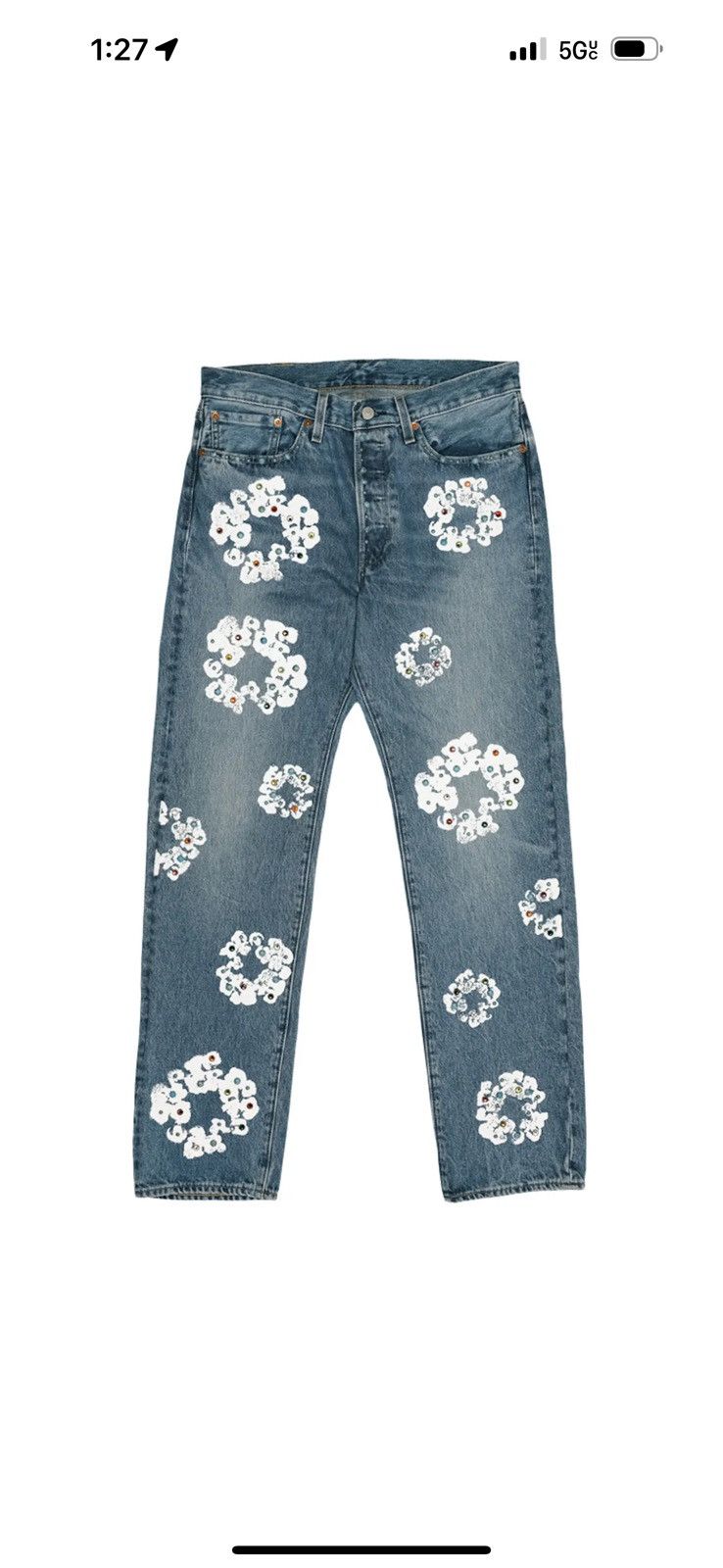 Image of Denim Tears X Levi's 501 Cotton Rhinestone Wreath Jeans in Indigo Wash, Men's (Size 30)