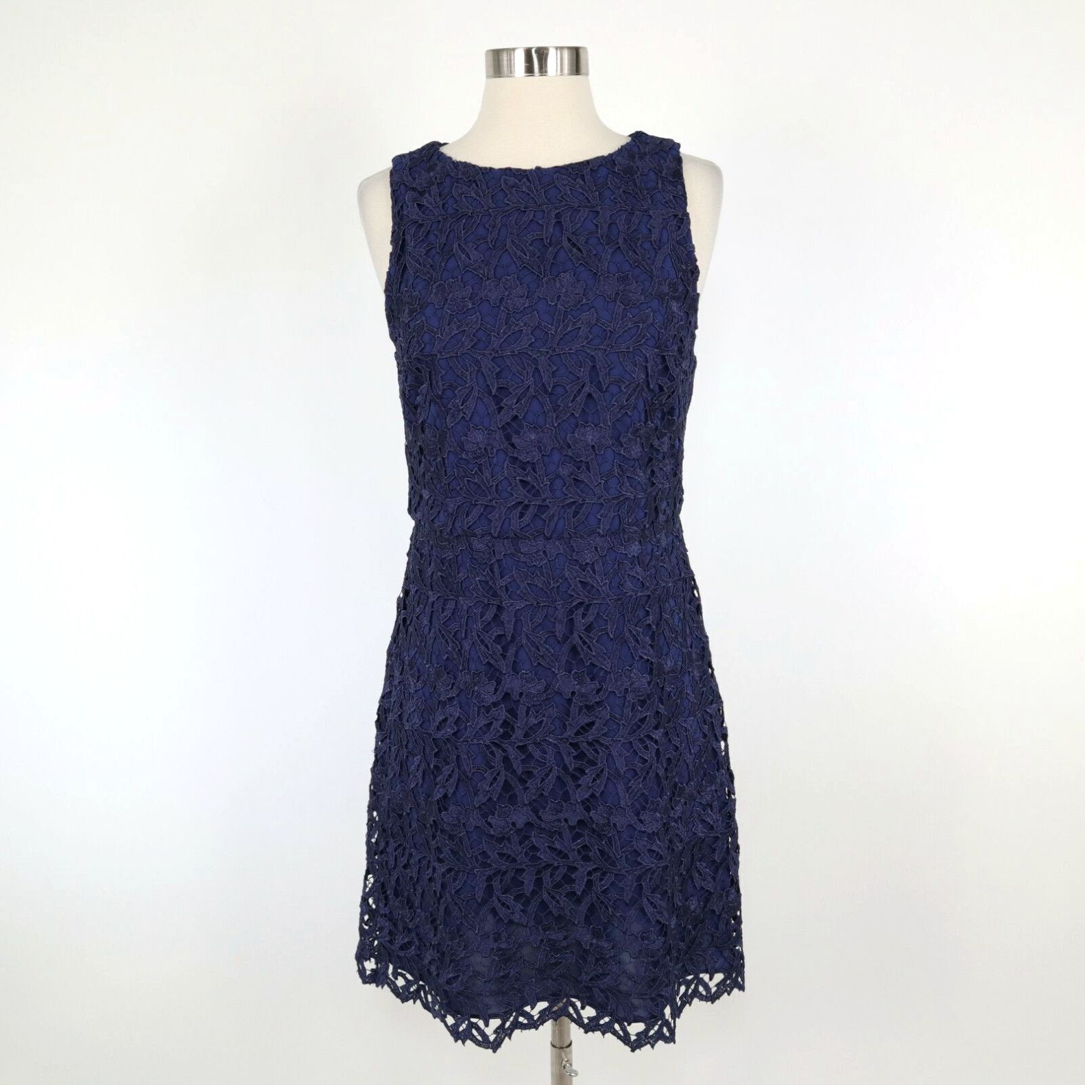 image of Alice Olivia Alice + Olivia Lace Sheath Dress Womens 8 Navy Blue Sleeveless Party Wedding in White 