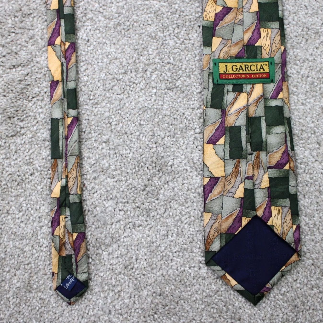 Vintage J. Garcia Necktie Geometric 100% Silk Abstract Green Tan Purple 55" Long 57"-60" Classic Tie Mens Size ONE SIZE - 6 Thumbnail