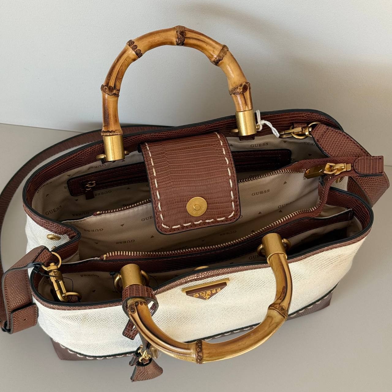 Guess Guess Zabry Bamboo Satchel Large Beige Brown Bag New Size ONE SIZE - 7 Thumbnail