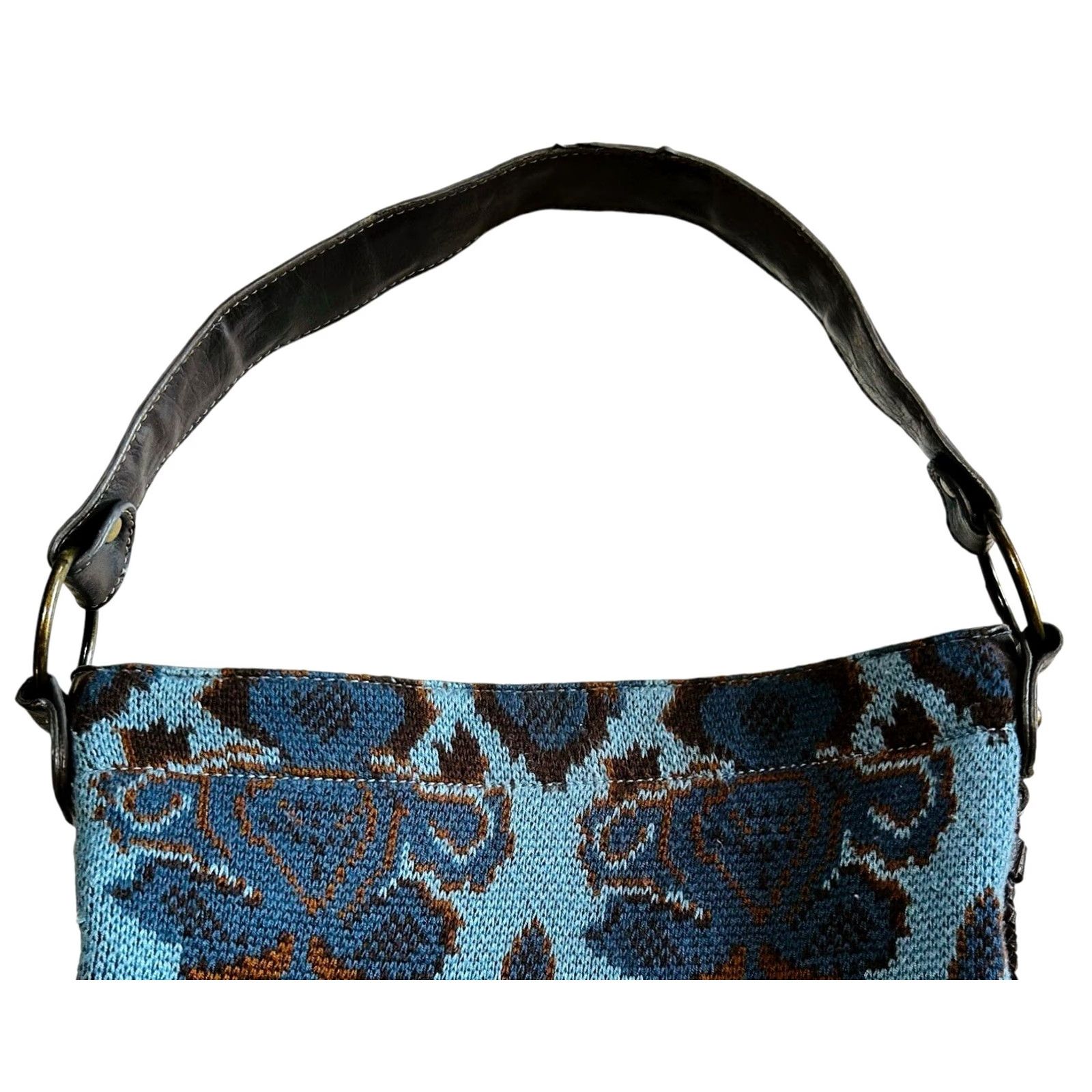 Vintage Stamp 10 Women Fabric &Faux Leather Purse Shoulder Handbag Blue &Brown Bohemian Bag Shoulder Brown &Blue Paisley 11x13in 10in Strap Women’s Handbag Size ONE SIZE - 5 Thumbnail