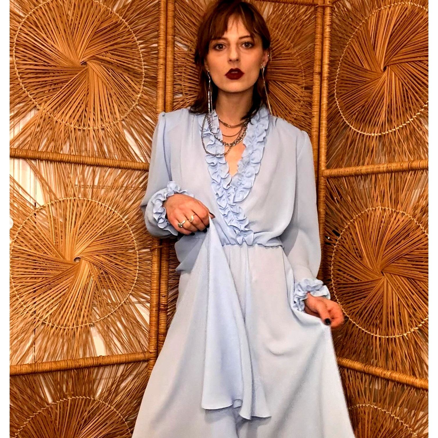 Vintage 1970s Algro Powder Blue Ruffle Chiffon Midi Dress Size XS / US 0-2 / IT 36-38 - 3 Thumbnail