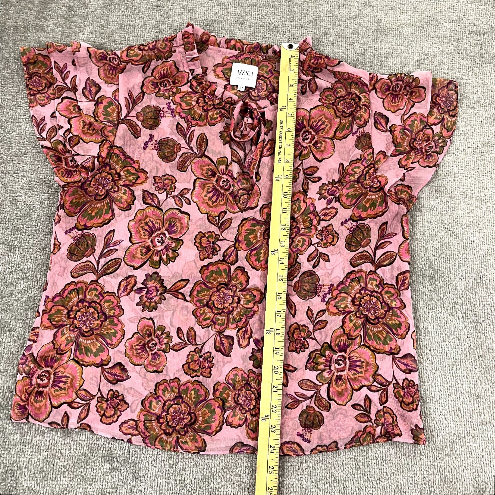 Vintage MISA Top Womens Medium Pink Floral Sheer Layered Sleeve Peasant BOHO Slit V Neck Shirt Size M / US 6-8 / IT 42-44 - 3 Thumbnail