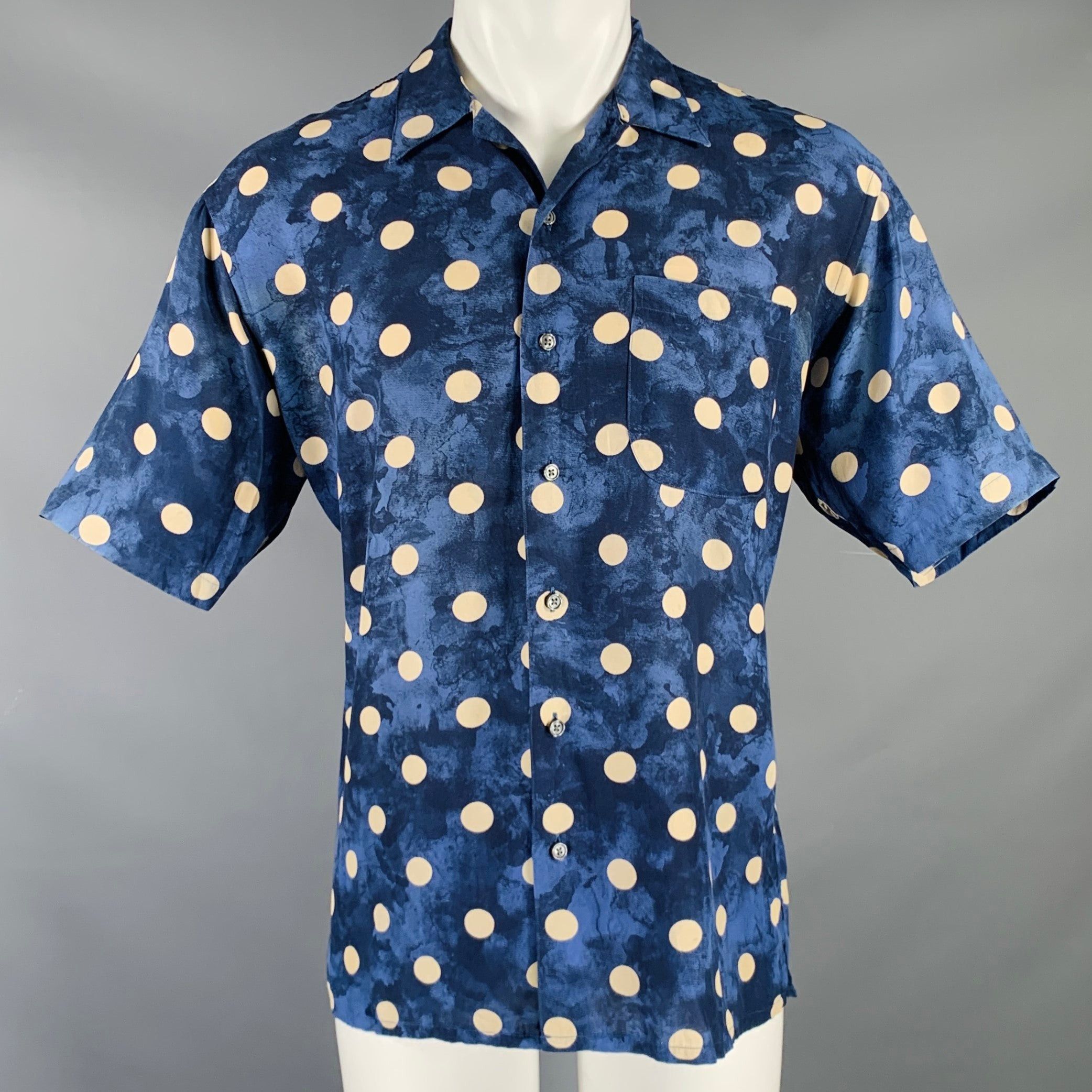 image of Wilke Rodriguez Blue White Polka Dot Rayon Camp Short Sleeve Shirt, Men's (Size Medium)