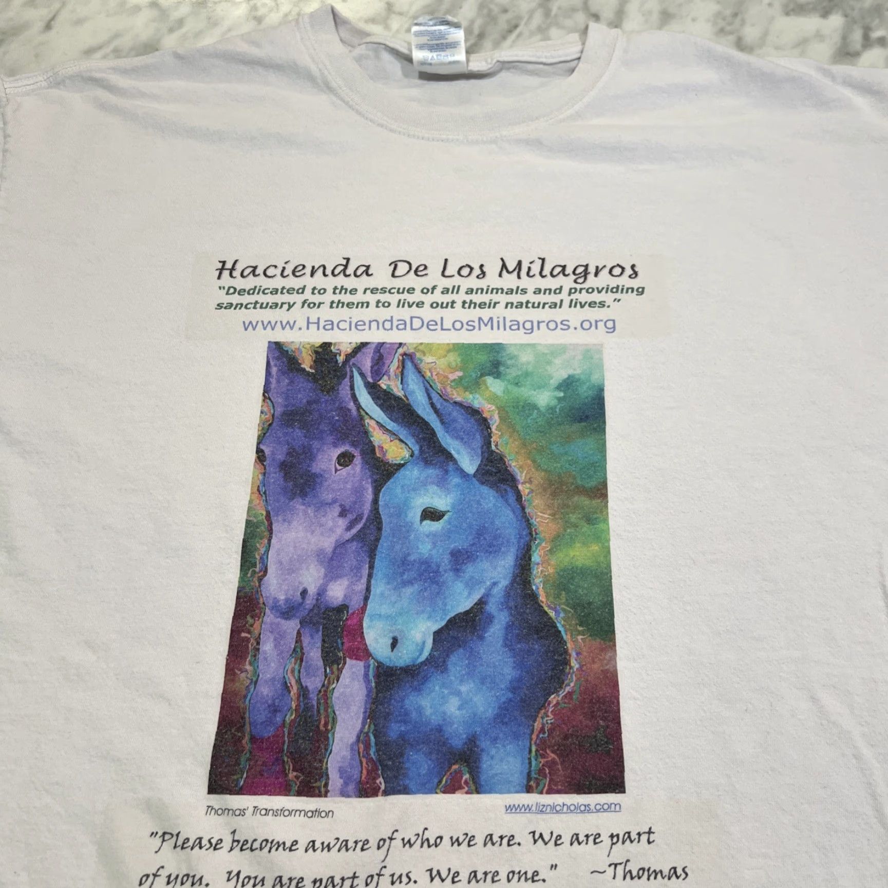 Gildan VINTAGE Hacienda De Los Milagros T Shirt XL Donkeys Animal Rescue Graphic Men's T-Shirt White Cotton Crew Neck XL? Size US XL / EU 56 / 4 - 2 Thumbnail