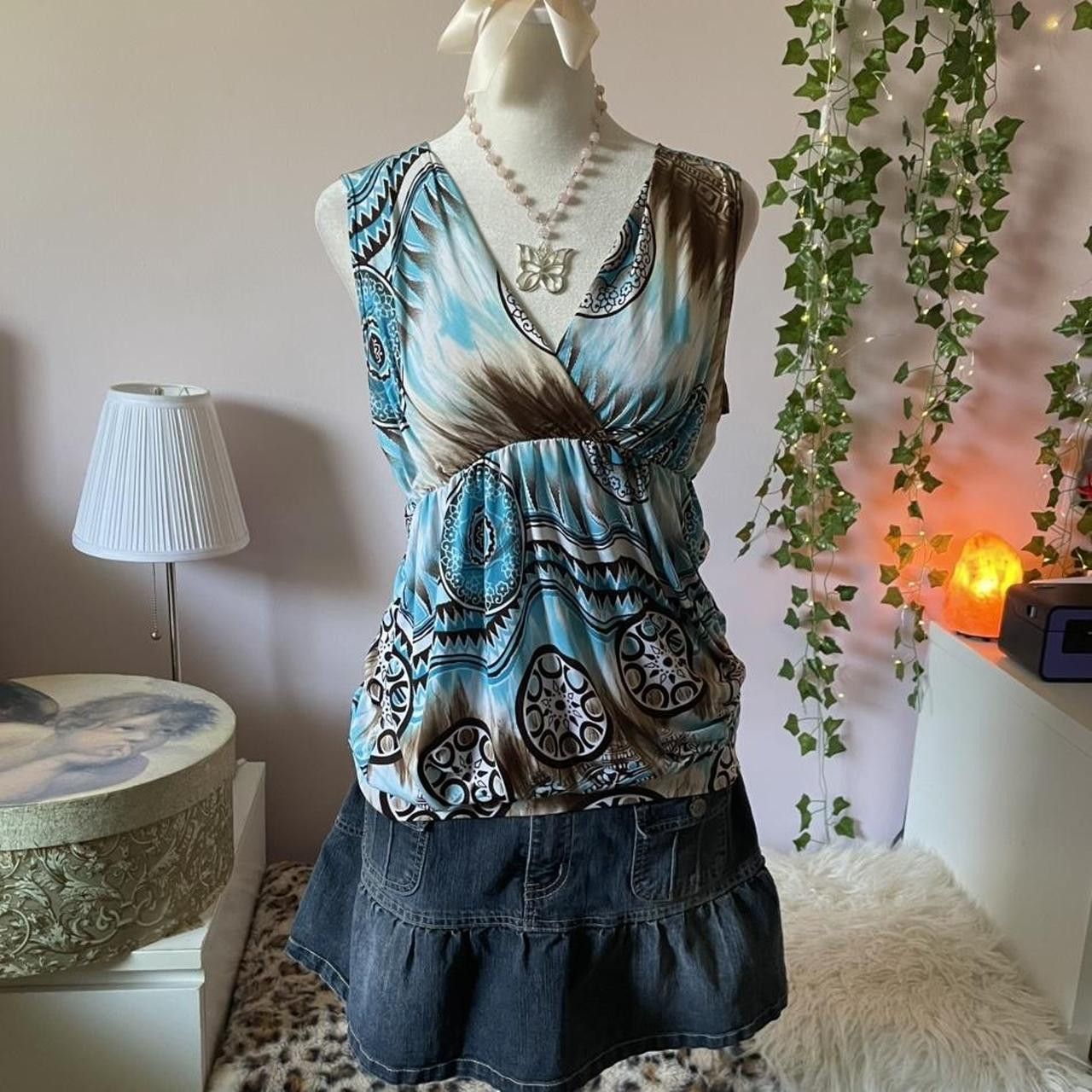 Vintage Y2K Sirens blue & brown printed sleeveless top Size S / US 4 / IT 40 - 3 Thumbnail