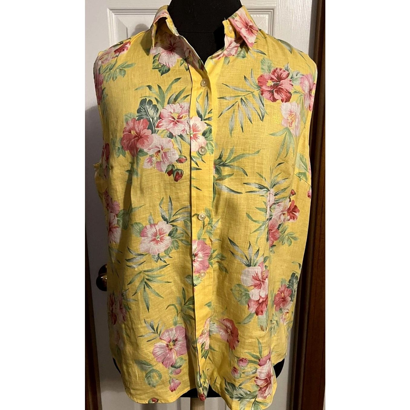 Lauren Ralph Lauren Ralph Lauren Women’s Yellow Floral Linen Sleeveless Blouse Size L / US 10 / IT 46 - 1 Thumbnail