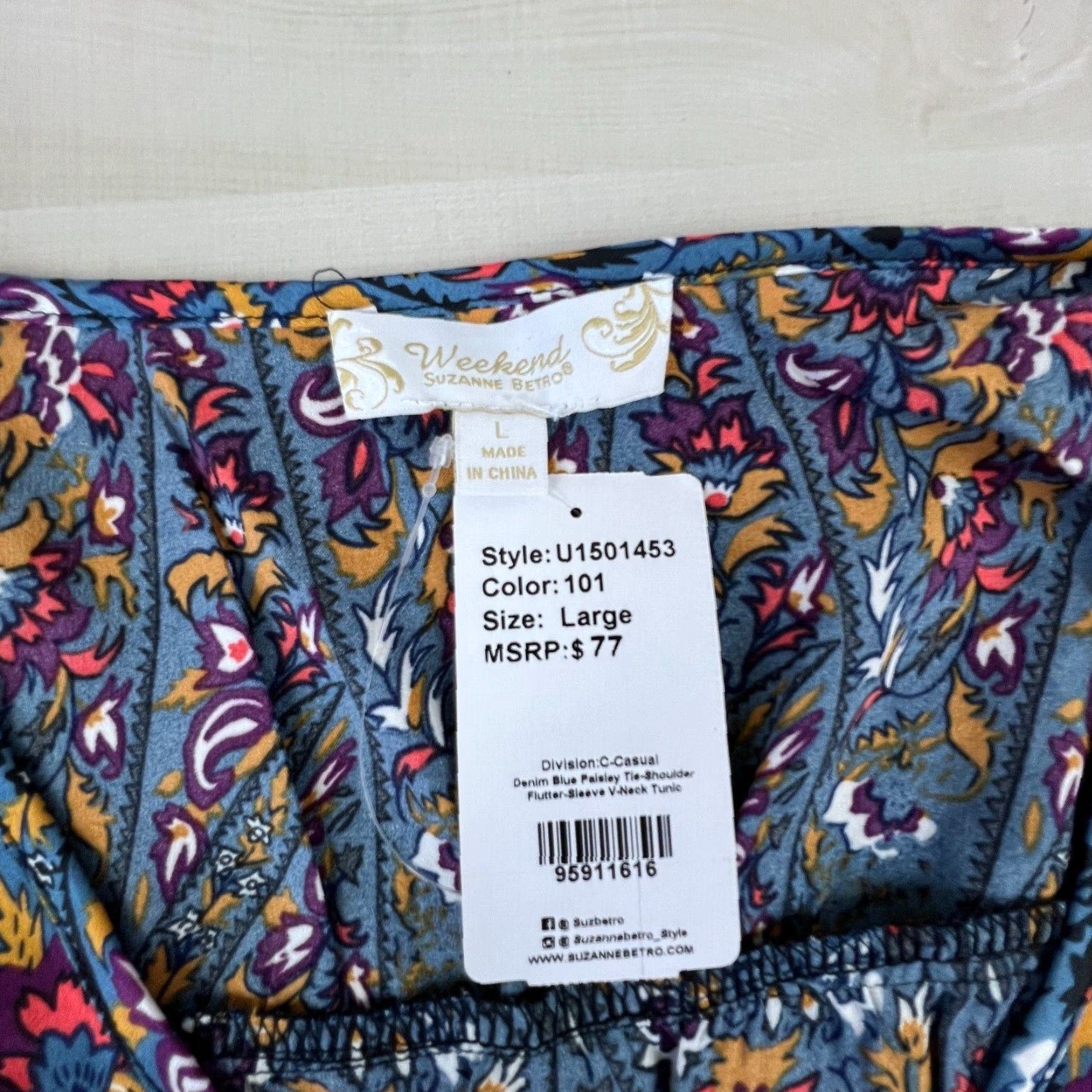 Vintage Weekend Suzanne Betro Women Large Blue Paisley Tie Shoulder Blouse Shirt Size L / US 10 / IT 46 - 3 Thumbnail