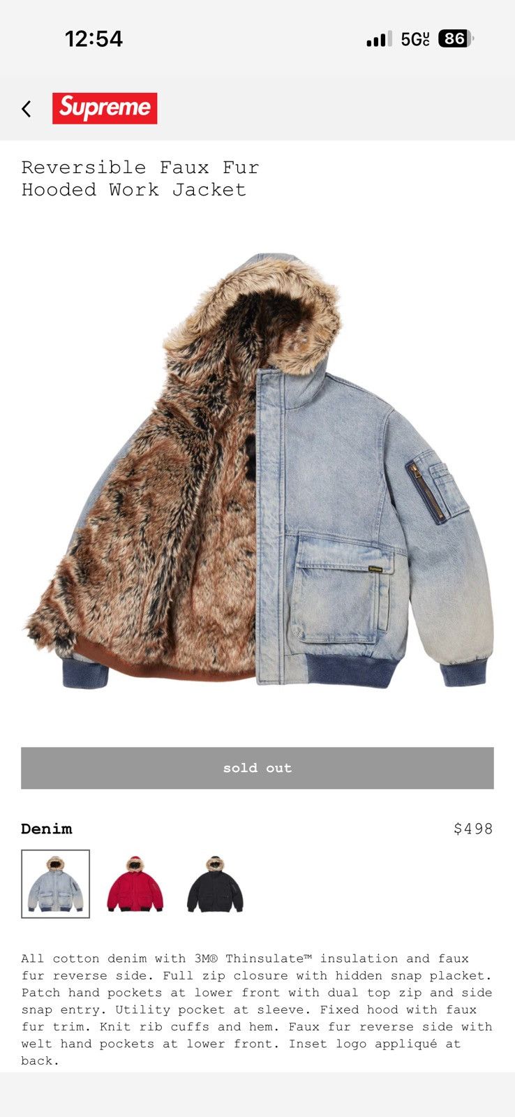 Supreme Supreme SS26 Reversible Faux Fur Hooded Work Jacket Denim Size US M / EU 48-50 / 2 - 8 Thumbnail