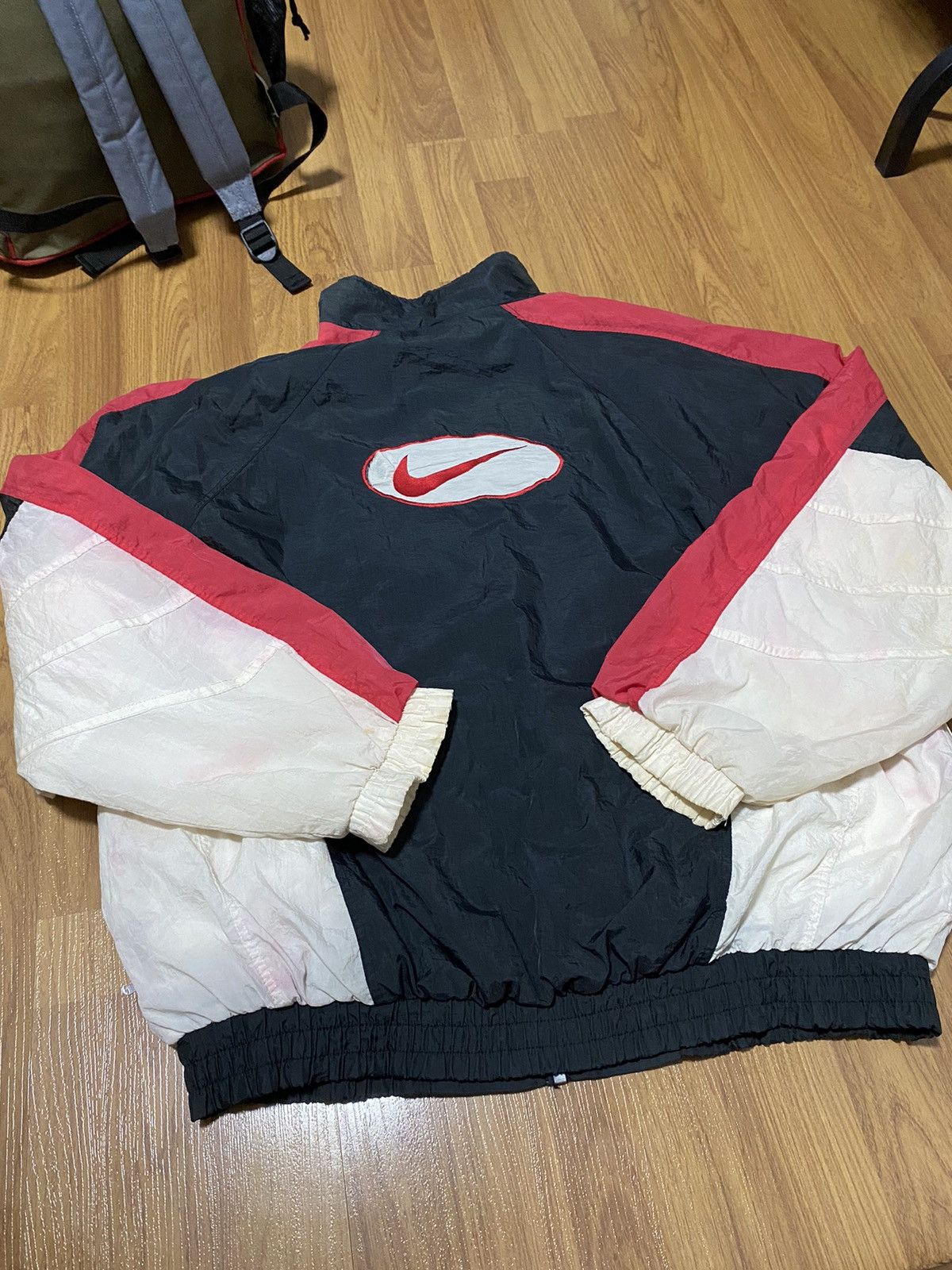 image of 90's Nike Big Logo Swoosh Windbreaker Jacket in Offwhite/Red/Black, Men's (Size Large)