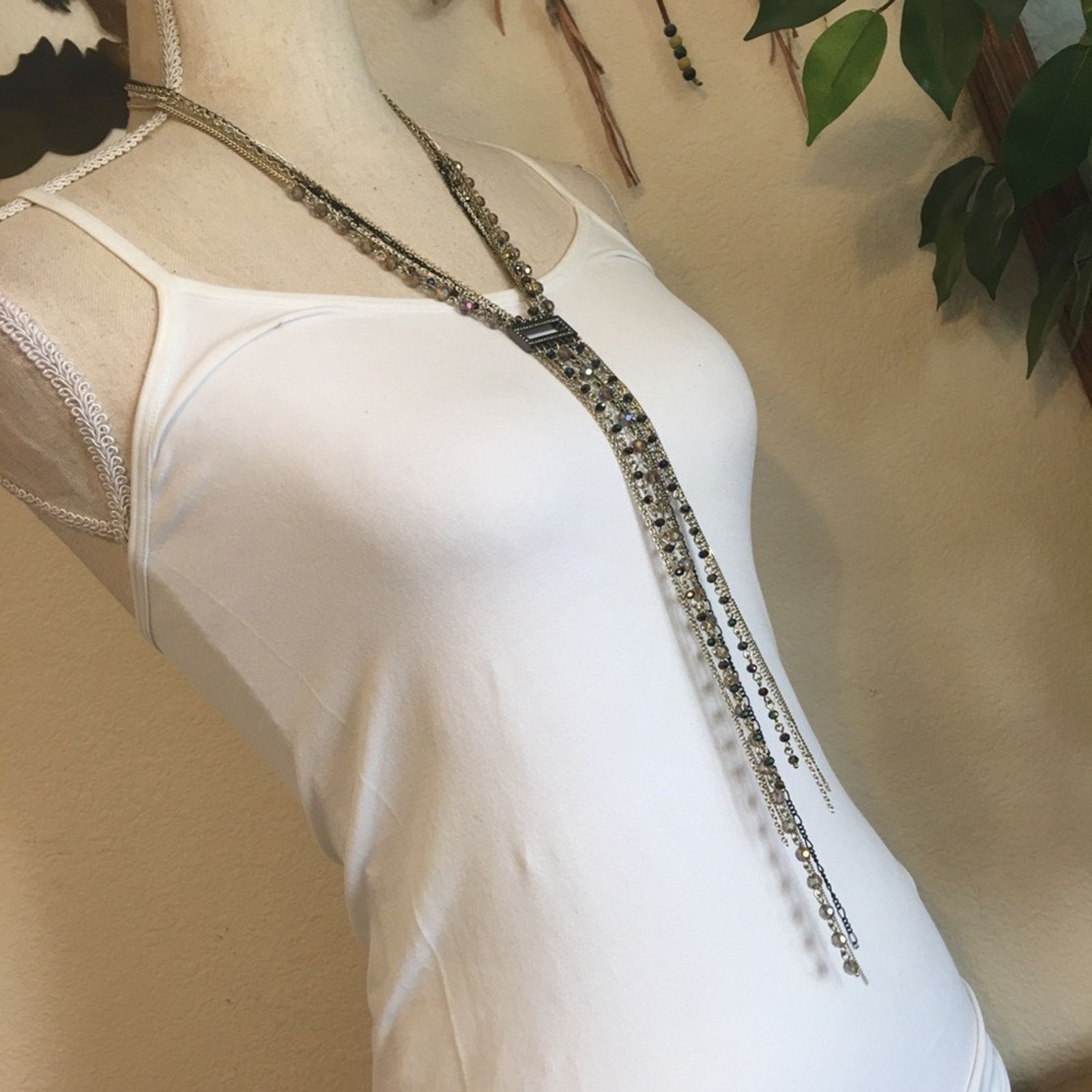 Jewelry Multi tone chain tie style fringe sparkle necklace Size ONE SIZE - 2 Thumbnail