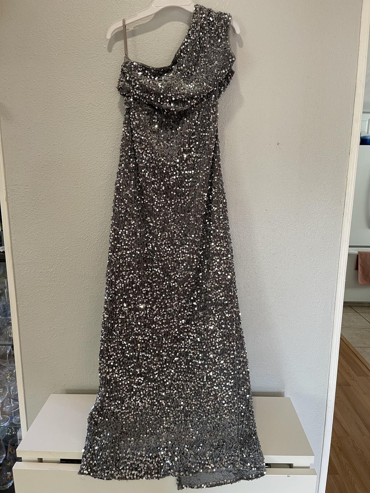 Unknown London Silver One-Shoulder Sequin Evening Gown Dress Size Large Size L / US 10 / IT 46 - 3 Thumbnail