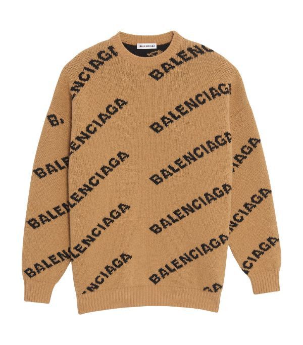 image of Balenciaga O1Mt1Gz0424 Allover Logo Sweater In Brown, Women's (Size XS)