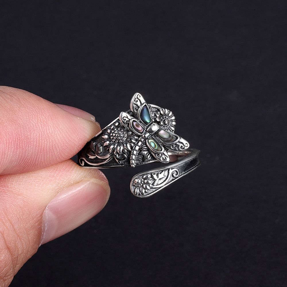 Sterling Silver Resizable 925 Silver Dragonfly Sunflower Victorian Ring Size ONE SIZE - 2 Thumbnail